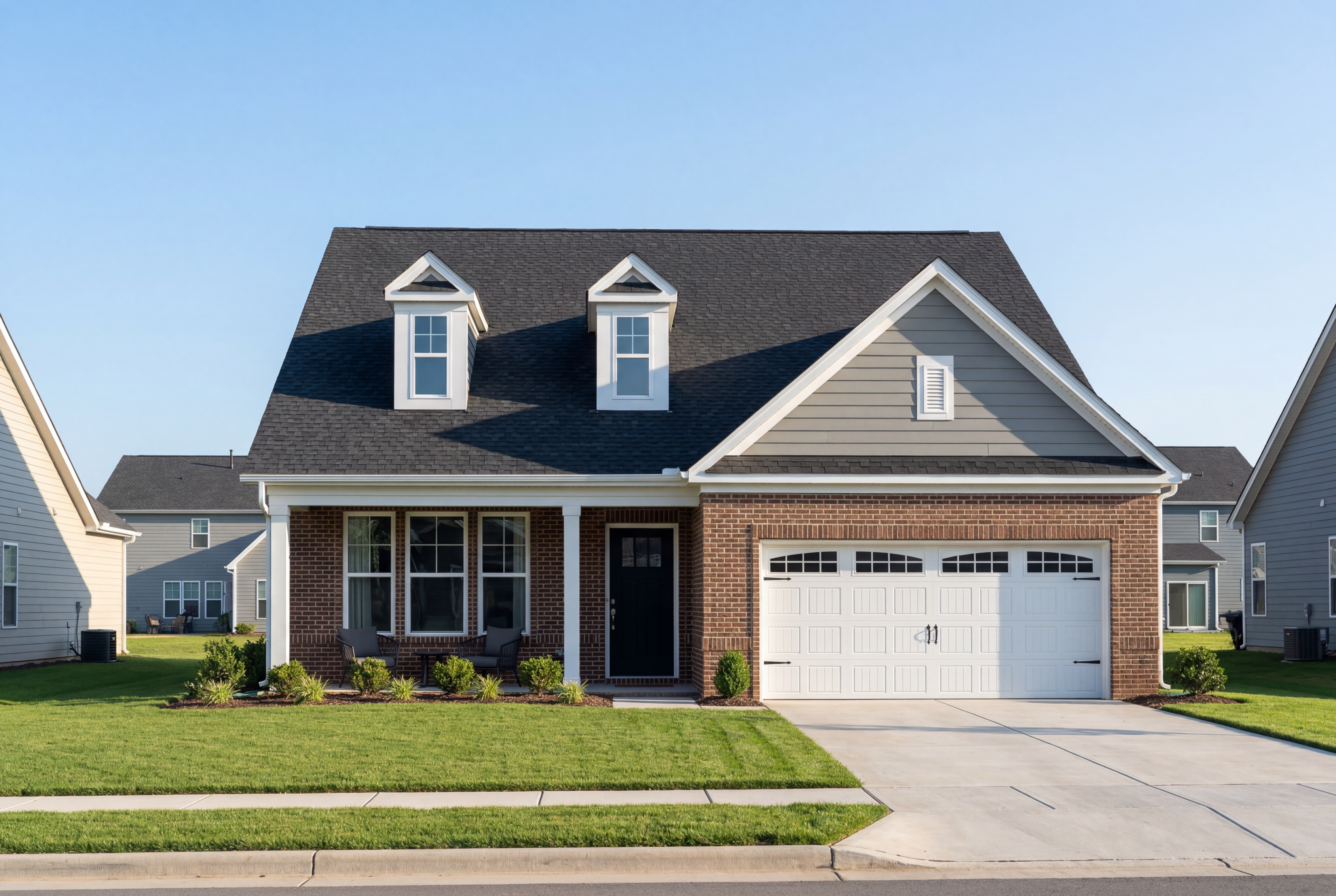 Two-story The Birch II elevation featuring brick base, gray siding, gabled roof with dormers, front porch, and two-car garage