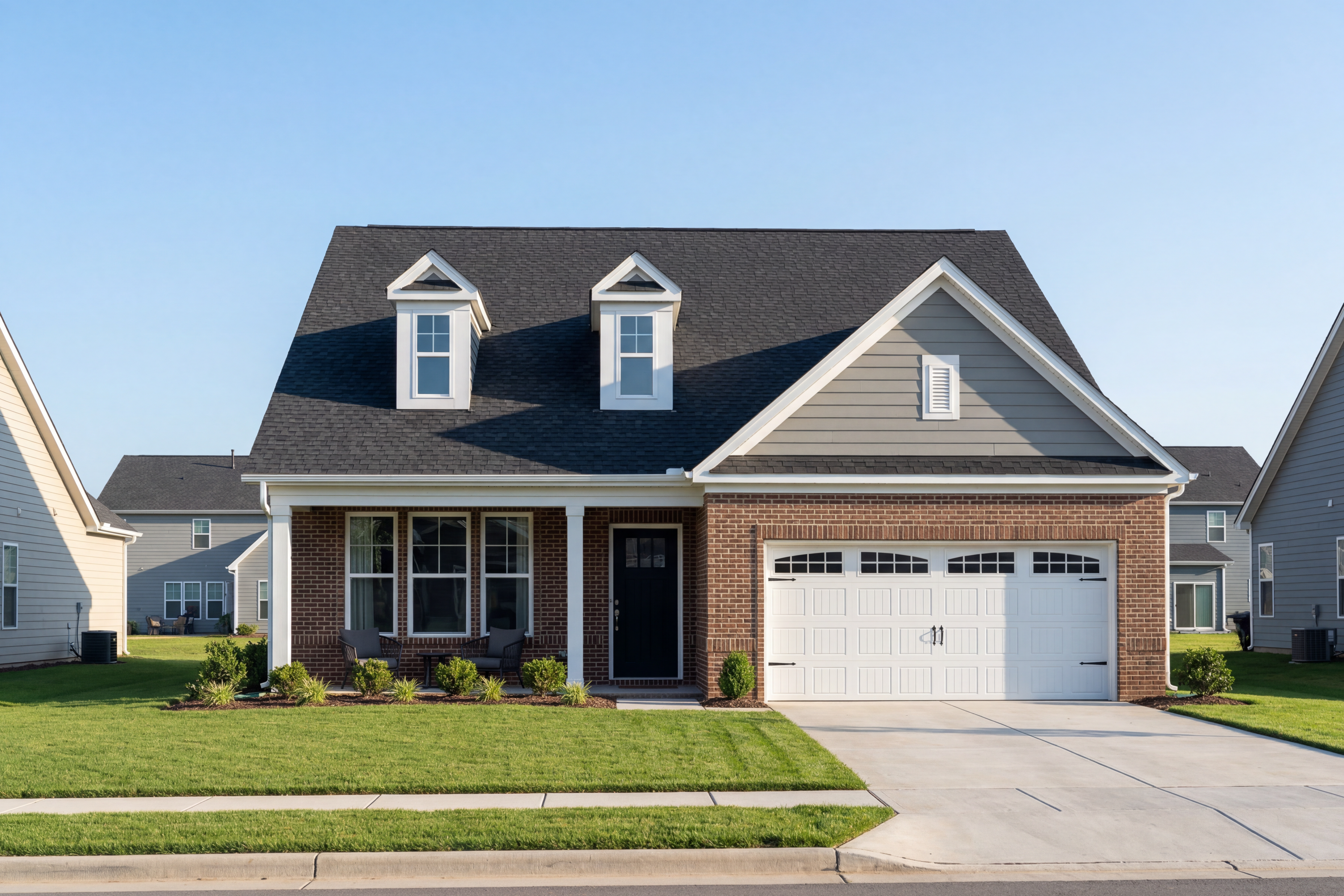 Two-story The Birch II elevation featuring brick base, gray siding, gabled roof with dormers, front porch, and two-car garage