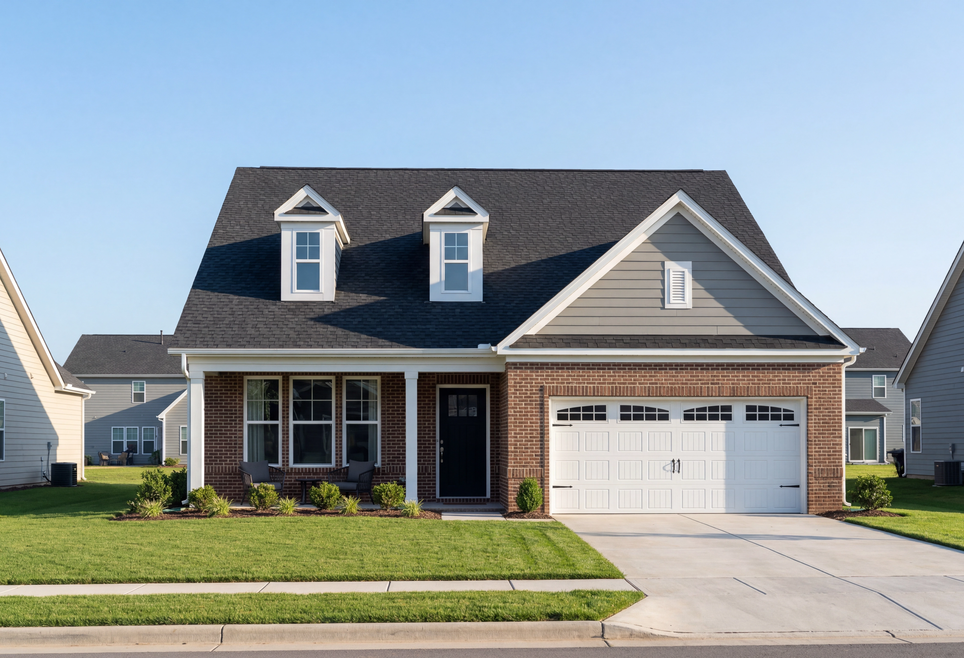 Two-story The Birch II elevation featuring brick base, gray siding, gabled roof with dormers, front porch, and two-car garage