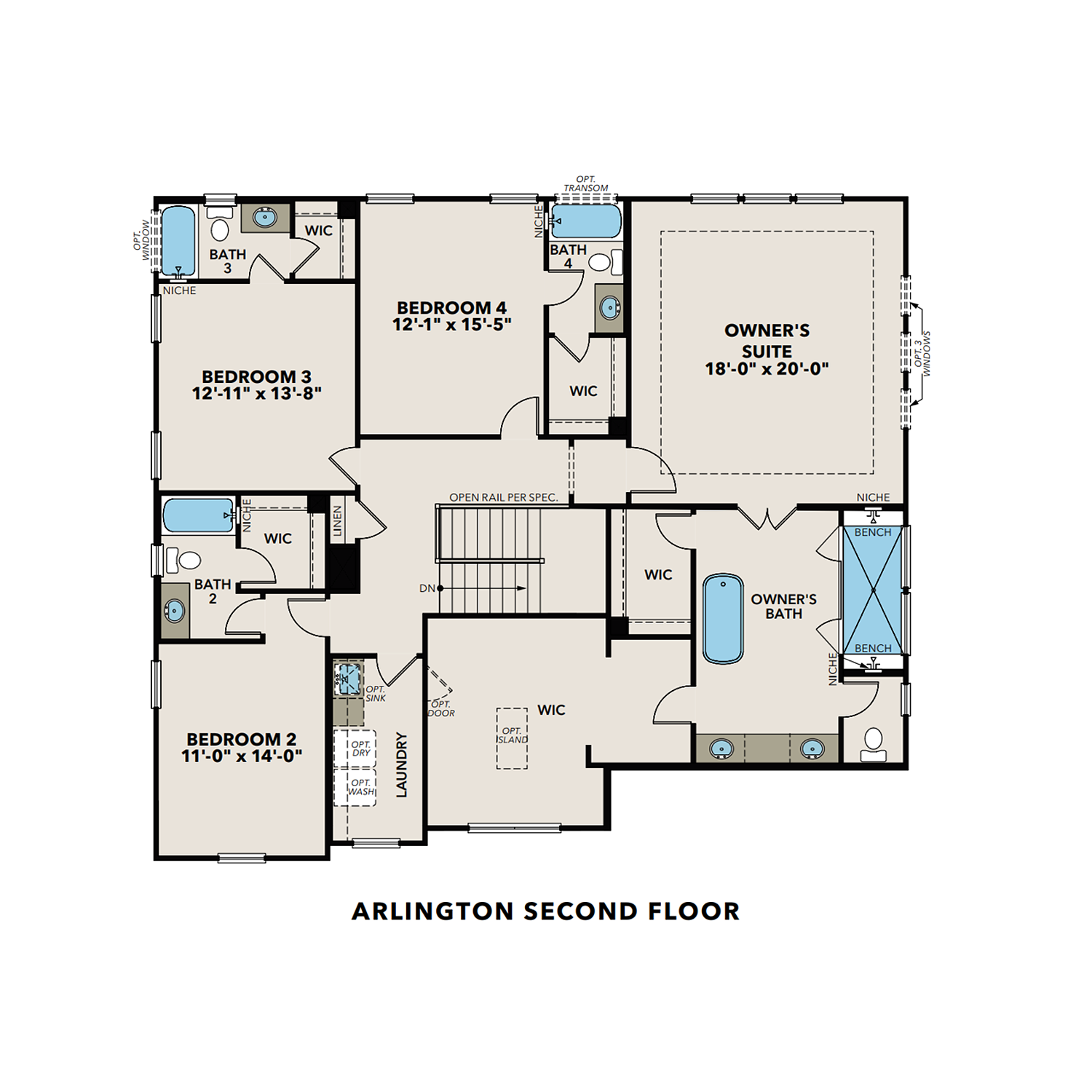 Second floor layout of The Arlington A featuring owner's suite, bedrooms 2-4, multiple baths, laundry, and 3-car garage