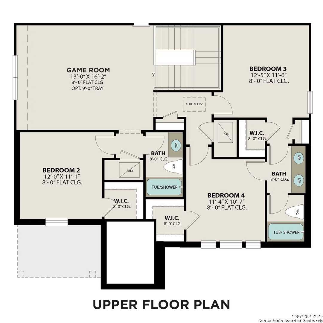 Upper floor plan of Sequoia C home: 2 bedrooms, game room, 2 baths, walk-in closets in Davidson Homes Comanche Ridge, San Antonio