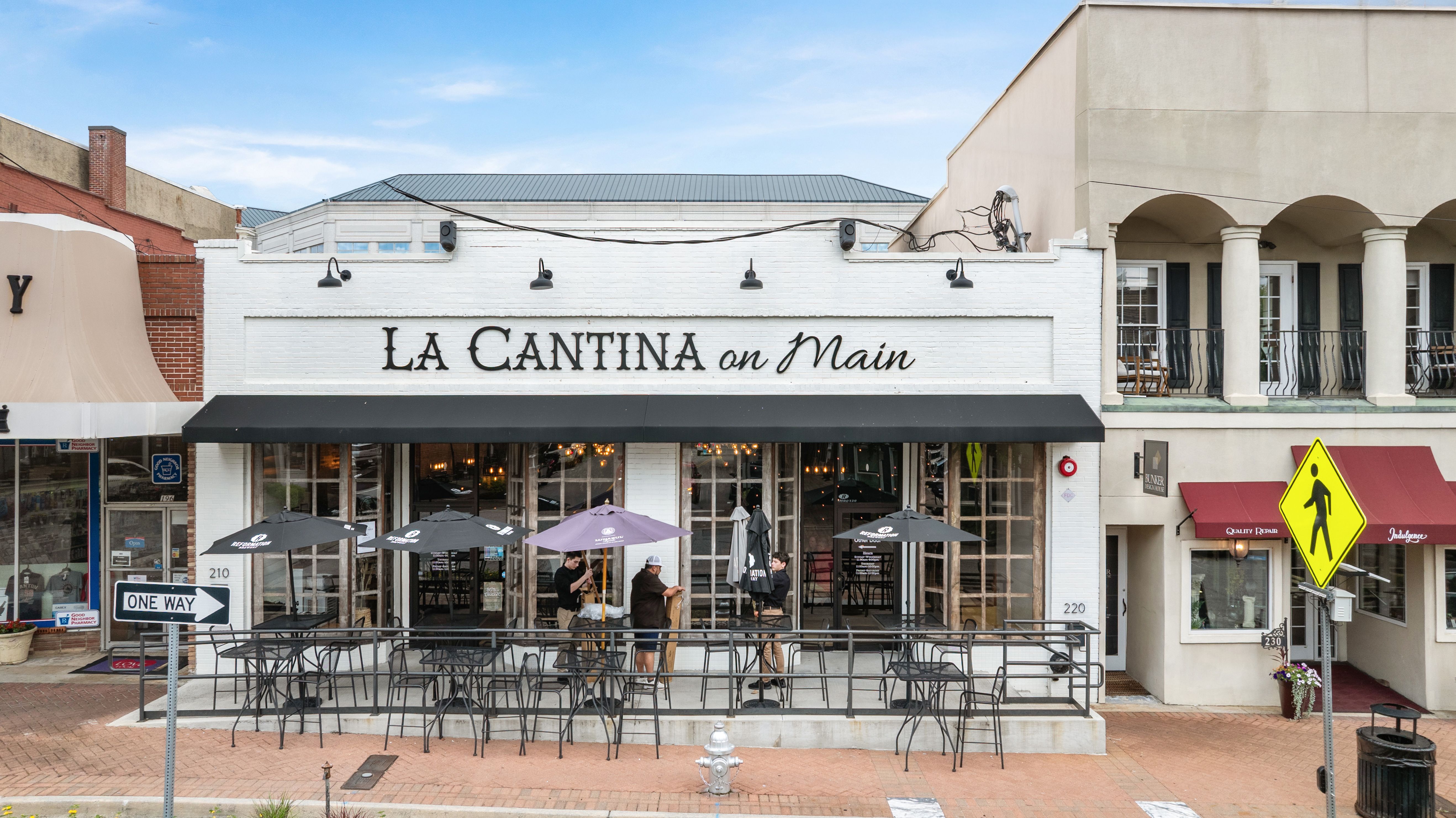 La Cantina on Main restaurant with outdoor patio seating in downtown Canton, Georgia near The Bluffs by Davidson Homes.