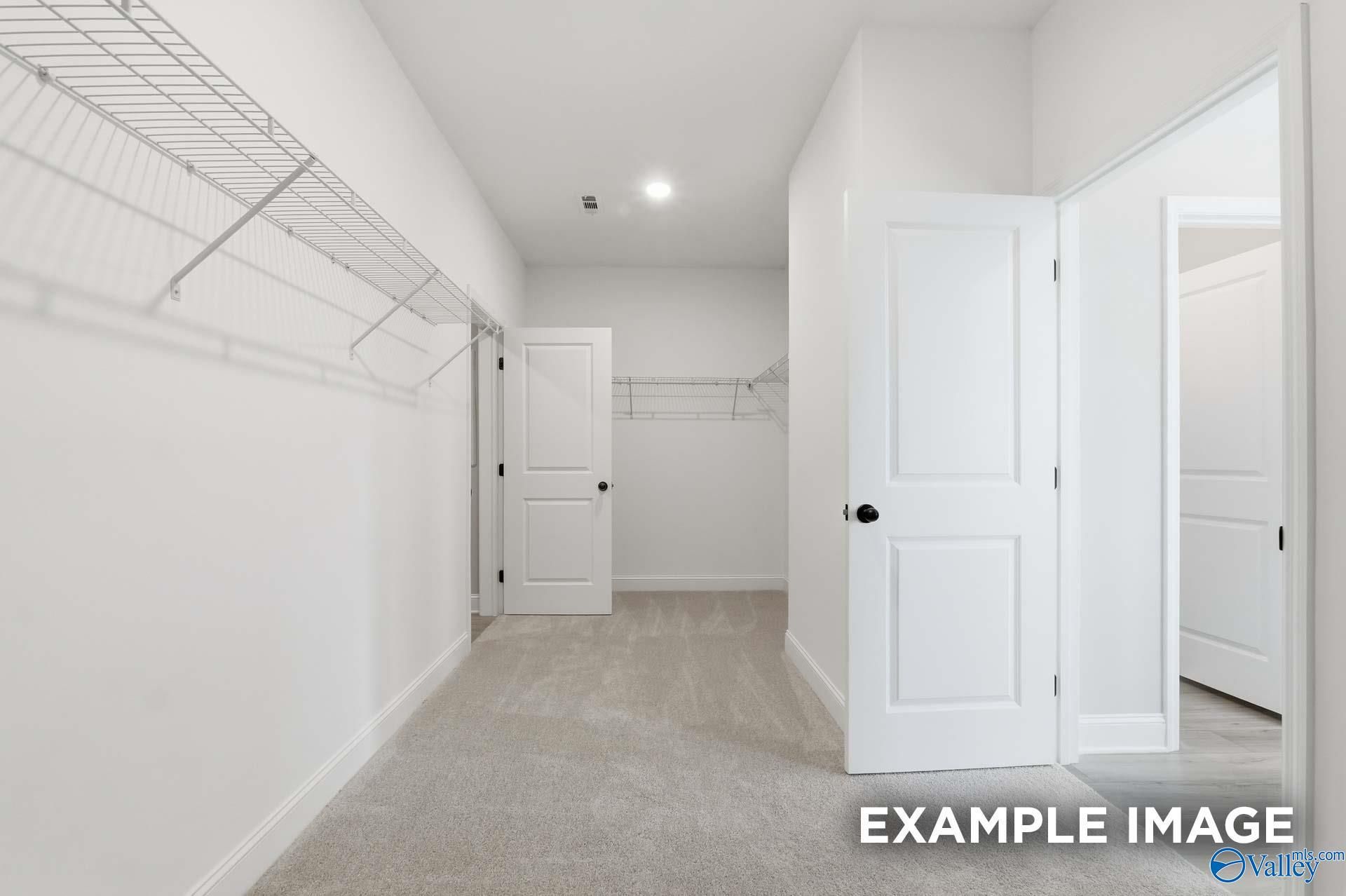 Spacious walk-in closet with wire shelving and carpet in Davidson Homes The Rockford C, Anderson Farm, Athens, Alabama