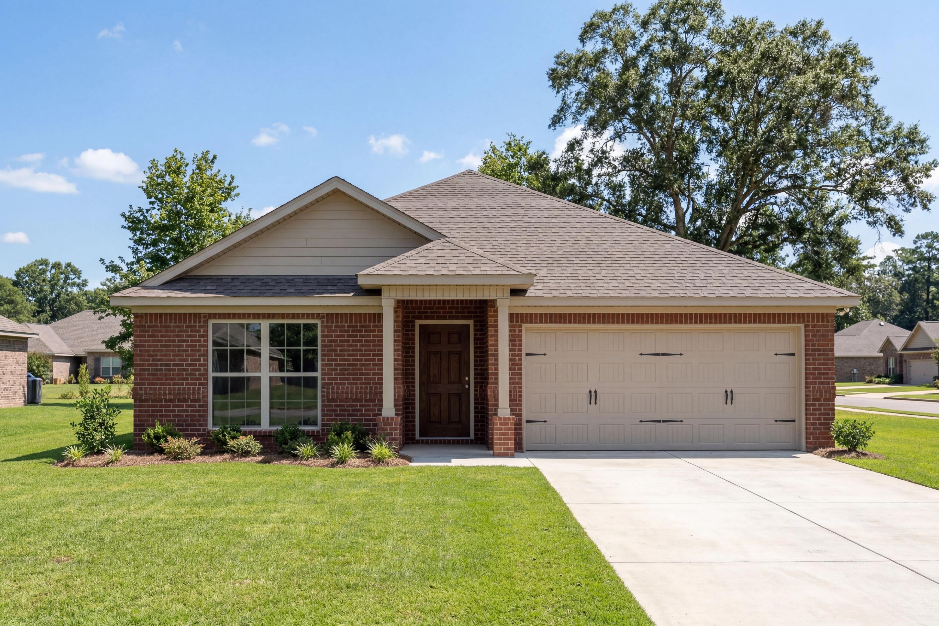 Exterior elevation of The Daphne, a 1-story single-family home by Davidson Homes featuring a brick facade and 2-car garage.