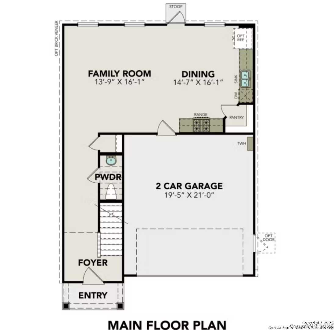 Main floor plan of The Trinity B: open family room, kitchen, dining, pantry, powder room, 2-car garage in Applewhite Meadows, San Antonio
