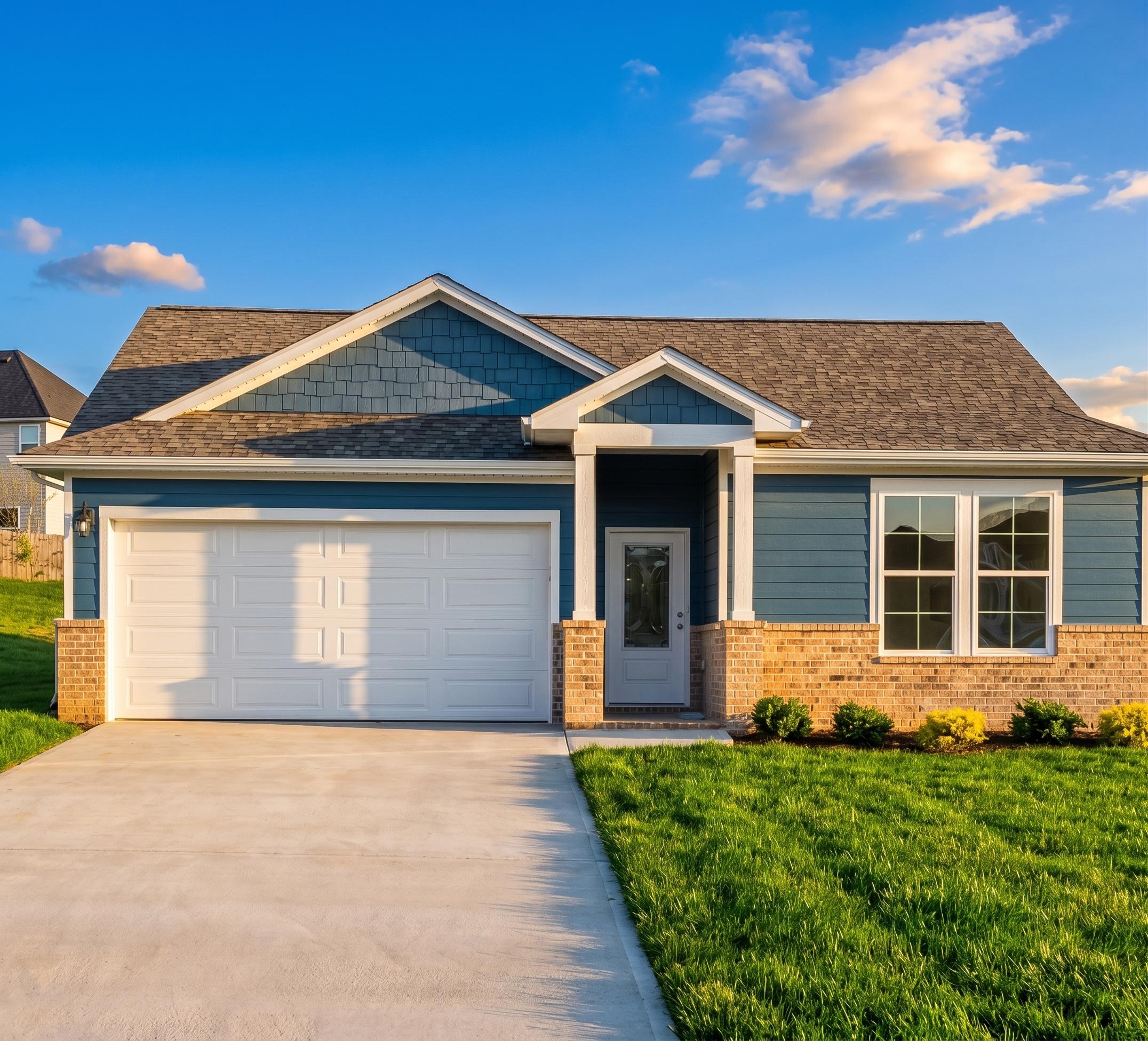 Navy blue single-story home with 2-car garage, brick accents, and landscaped front yard in Anderson Lakes, Opelika, Alabama - Davidson Homes Phoenix B
