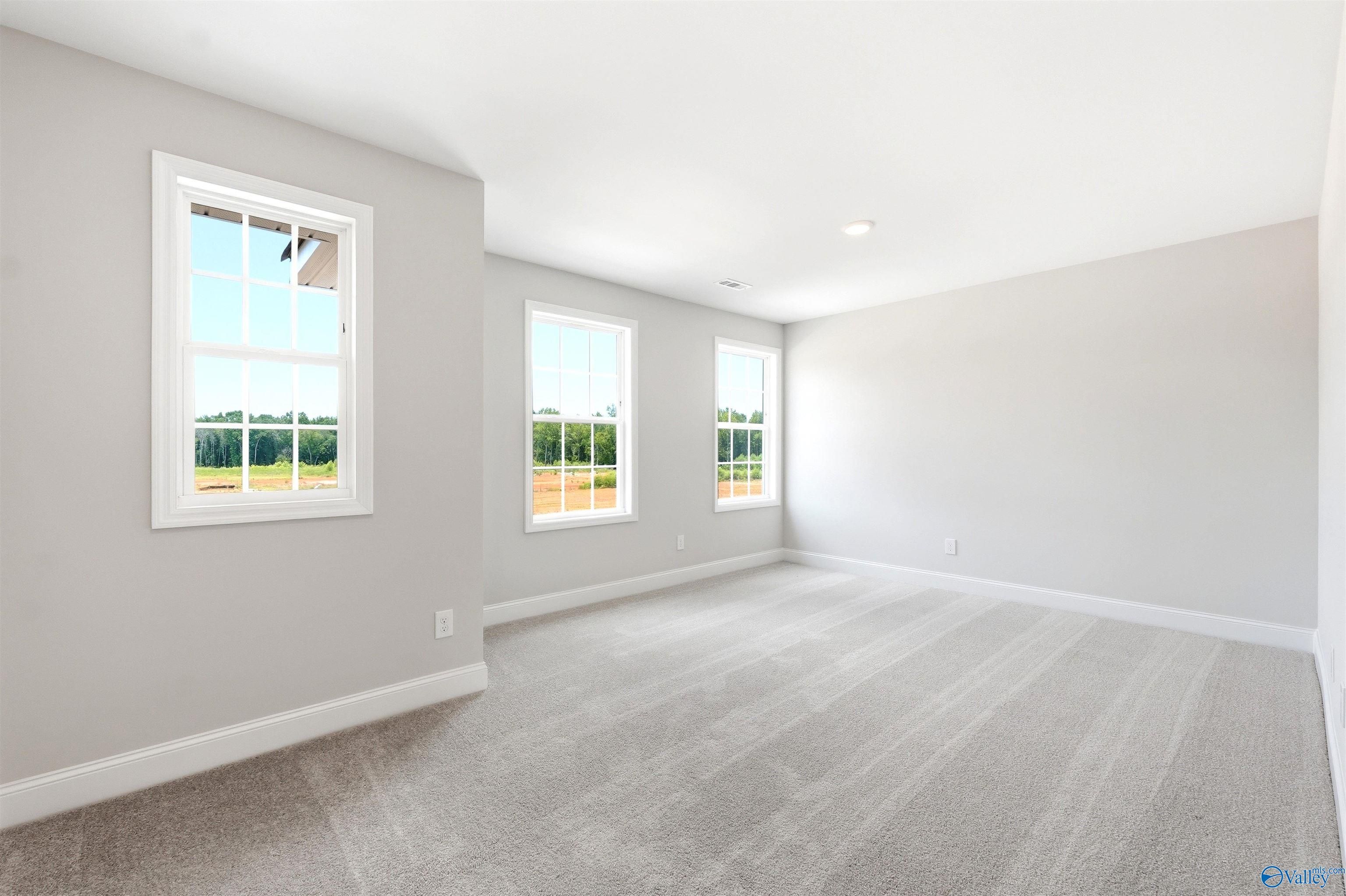Bright, spacious bedroom with neutral carpet and windows in The Shelby A floor plan at Wood Trail, Toney, Alabama.