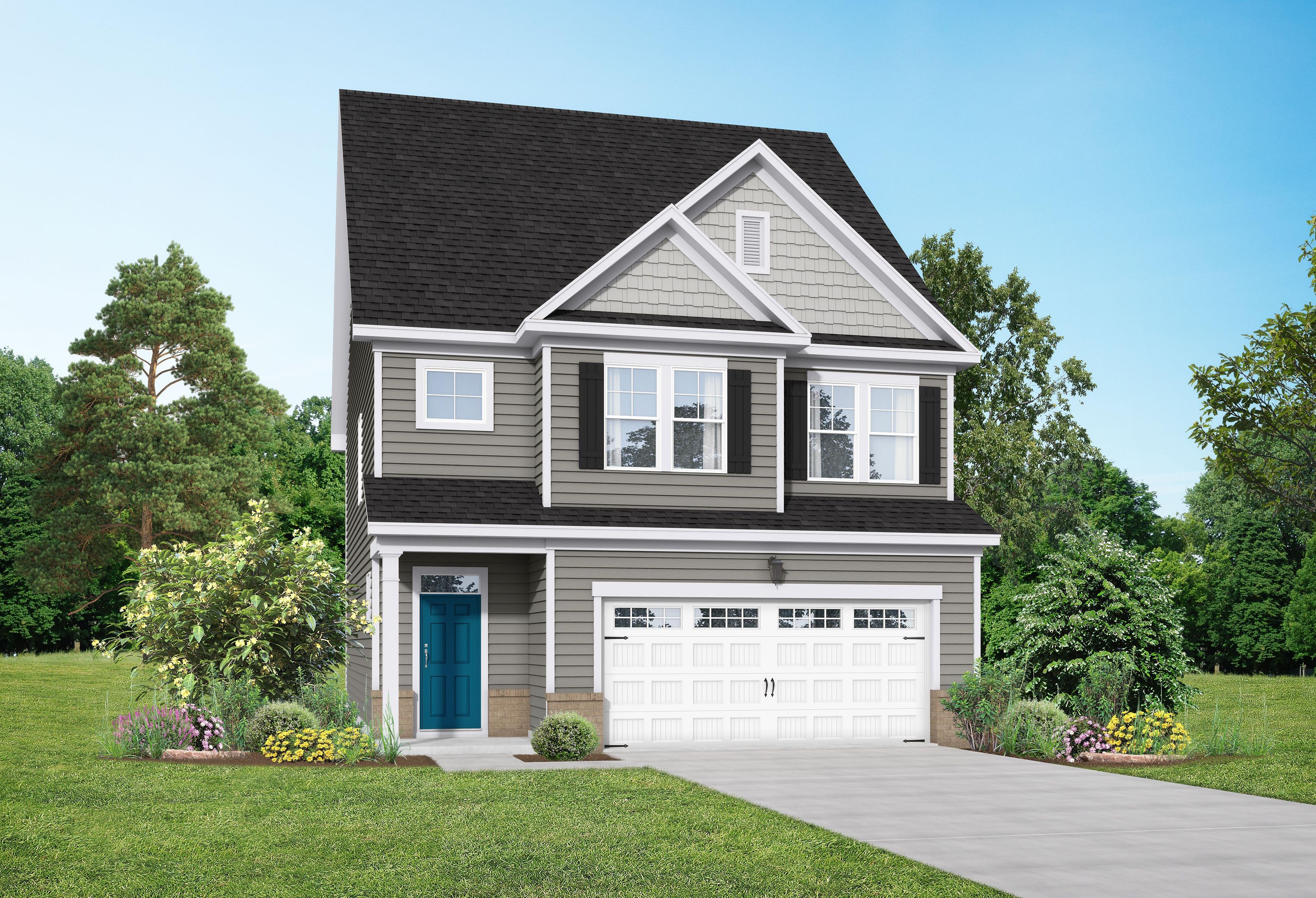 Two-story Grace A home elevation with gray siding, blue door, white garage, and lush landscaping in Lillington NC