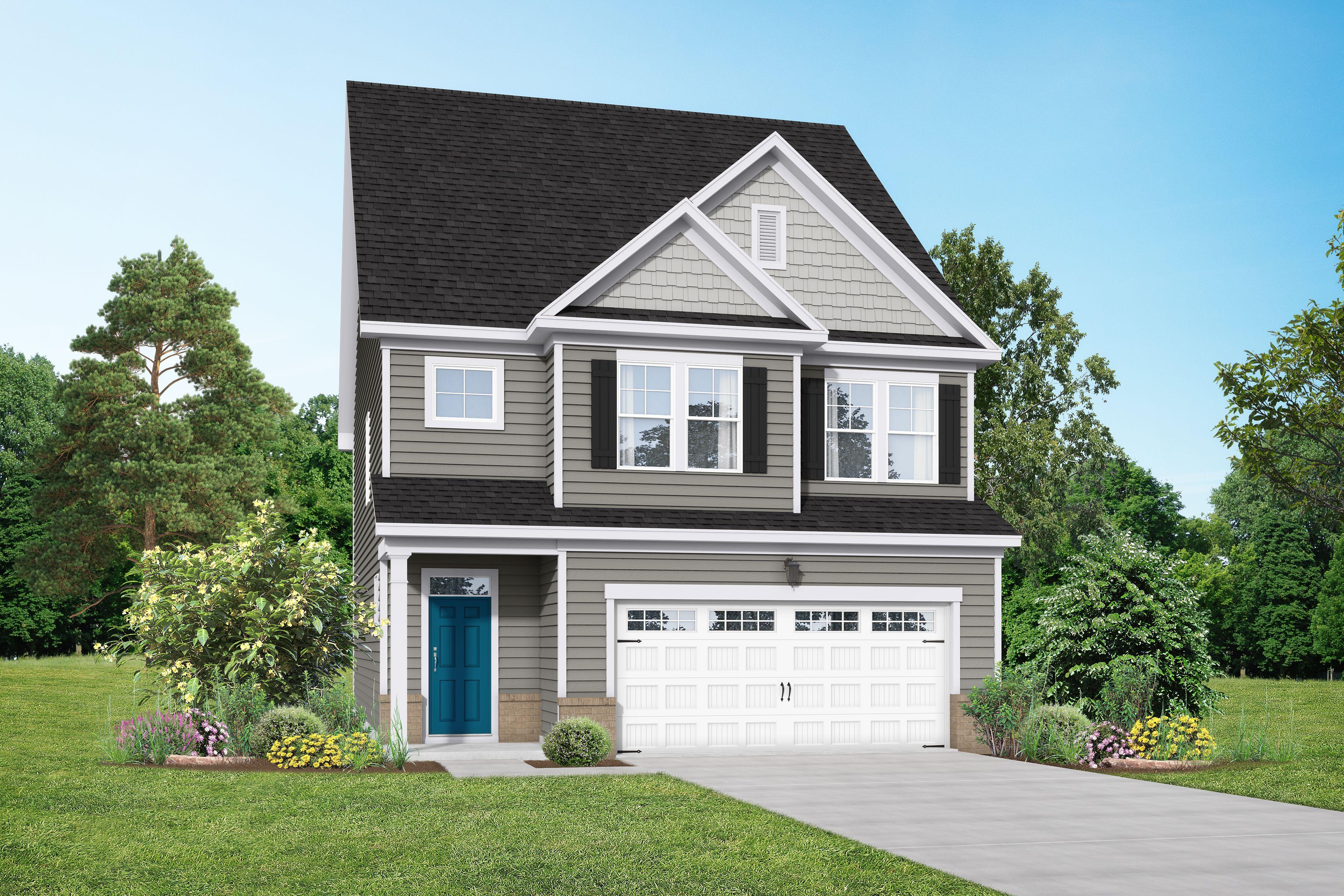 Two-story Grace A home elevation with gray siding, blue door, white garage, and lush landscaping in Lillington NC