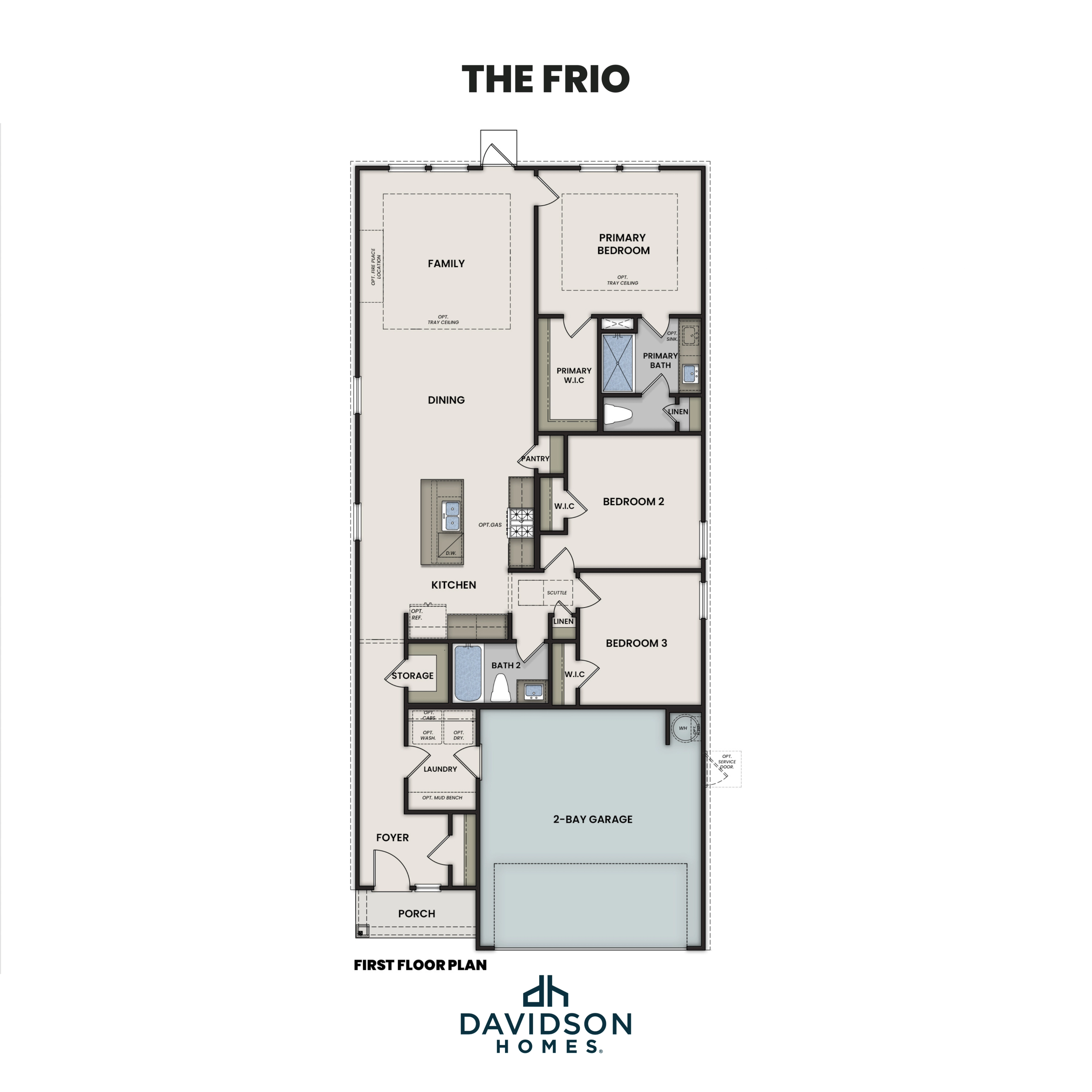 First floor plan of The Frio 3-bedroom single-story home with open-concept layout, master suite, kitchen, and 2-car garage by Davidson Homes