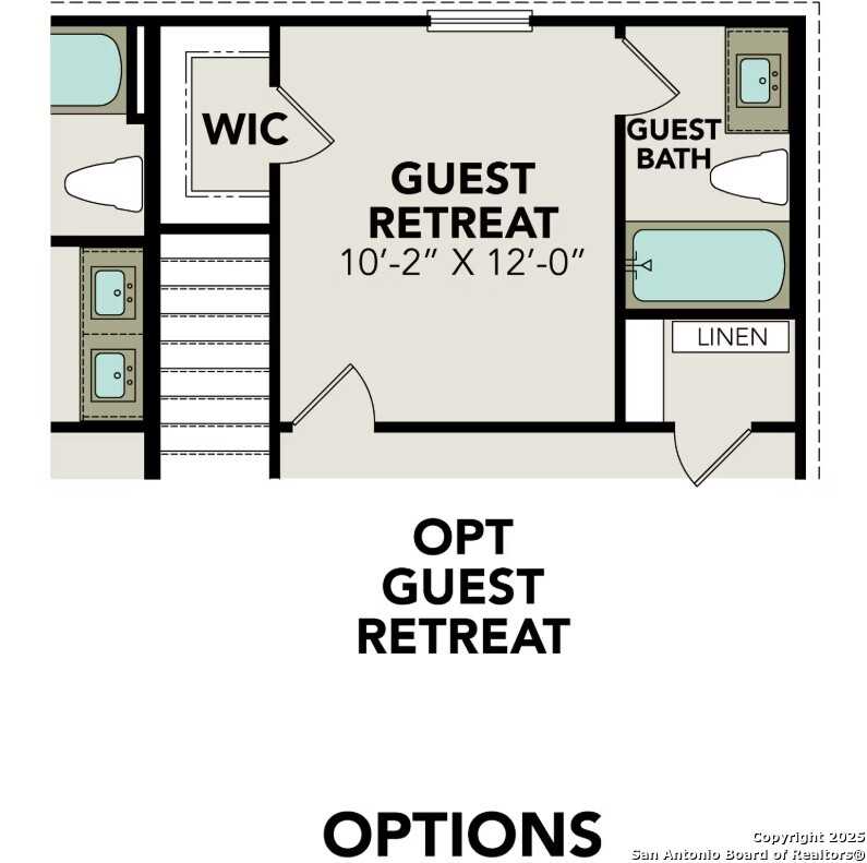 Upper level floor plan of The Douglas B with guest bedrooms, baths, walk-in closet, and optional guest retreat in Converse, Texas home