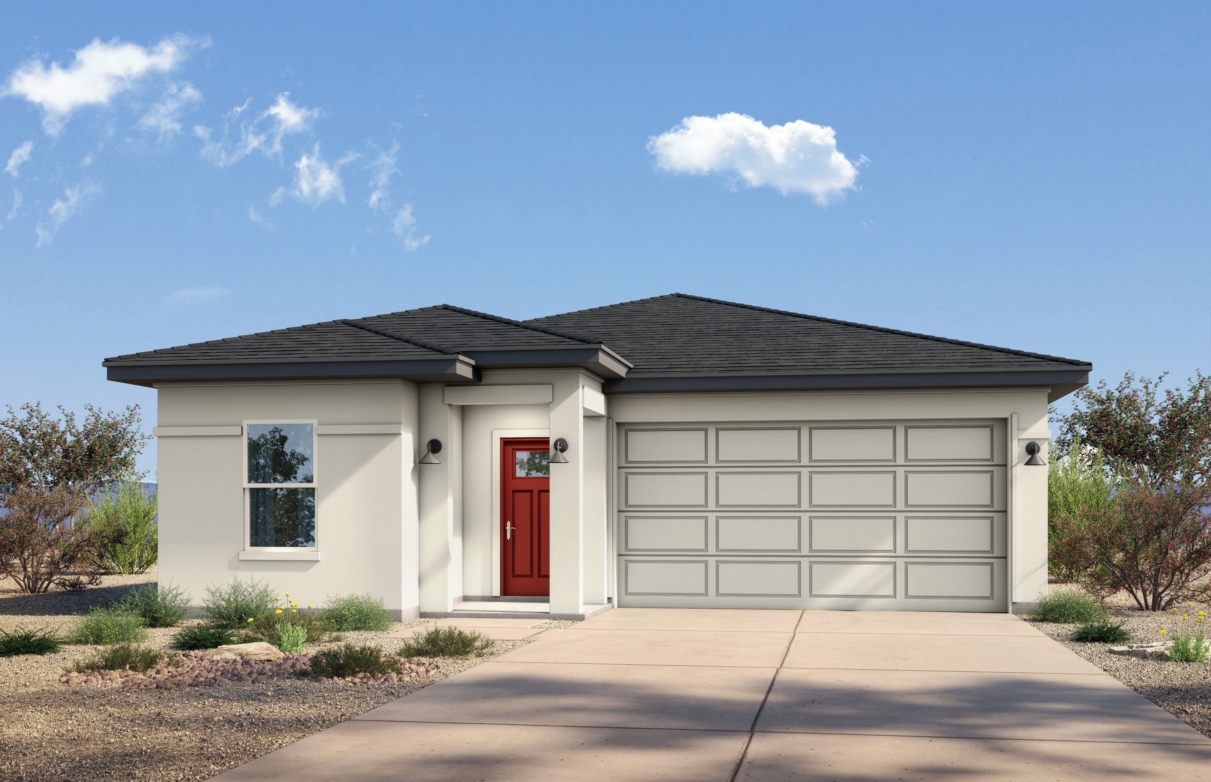 Modern single-story Evergreen A elevation by Davidson Homes in Cottonwood AZ: white stucco, red door, beige 3-car garage, desert yard