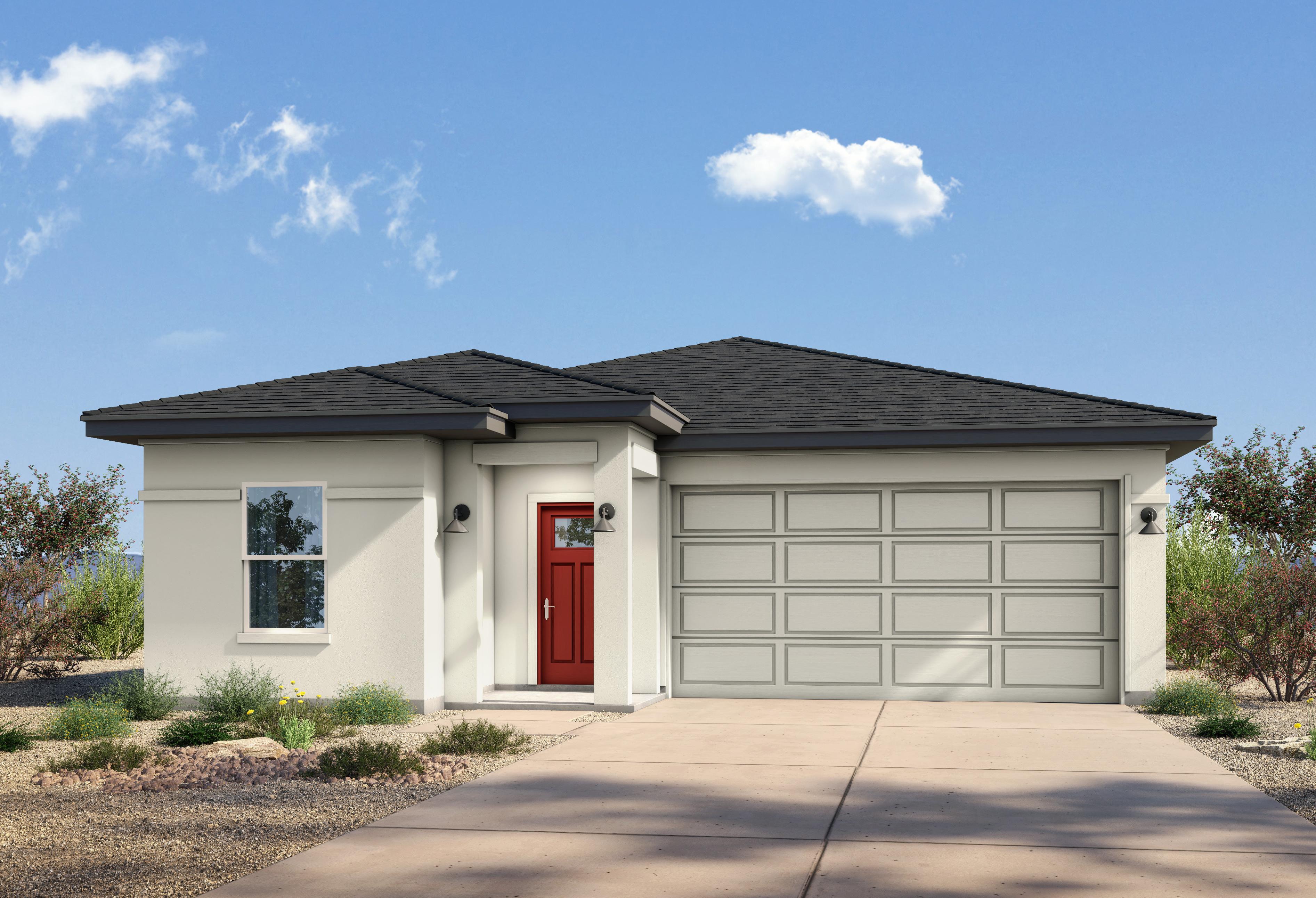 Modern single-story Evergreen A elevation by Davidson Homes in Cottonwood AZ: white stucco, red door, beige 3-car garage, desert yard