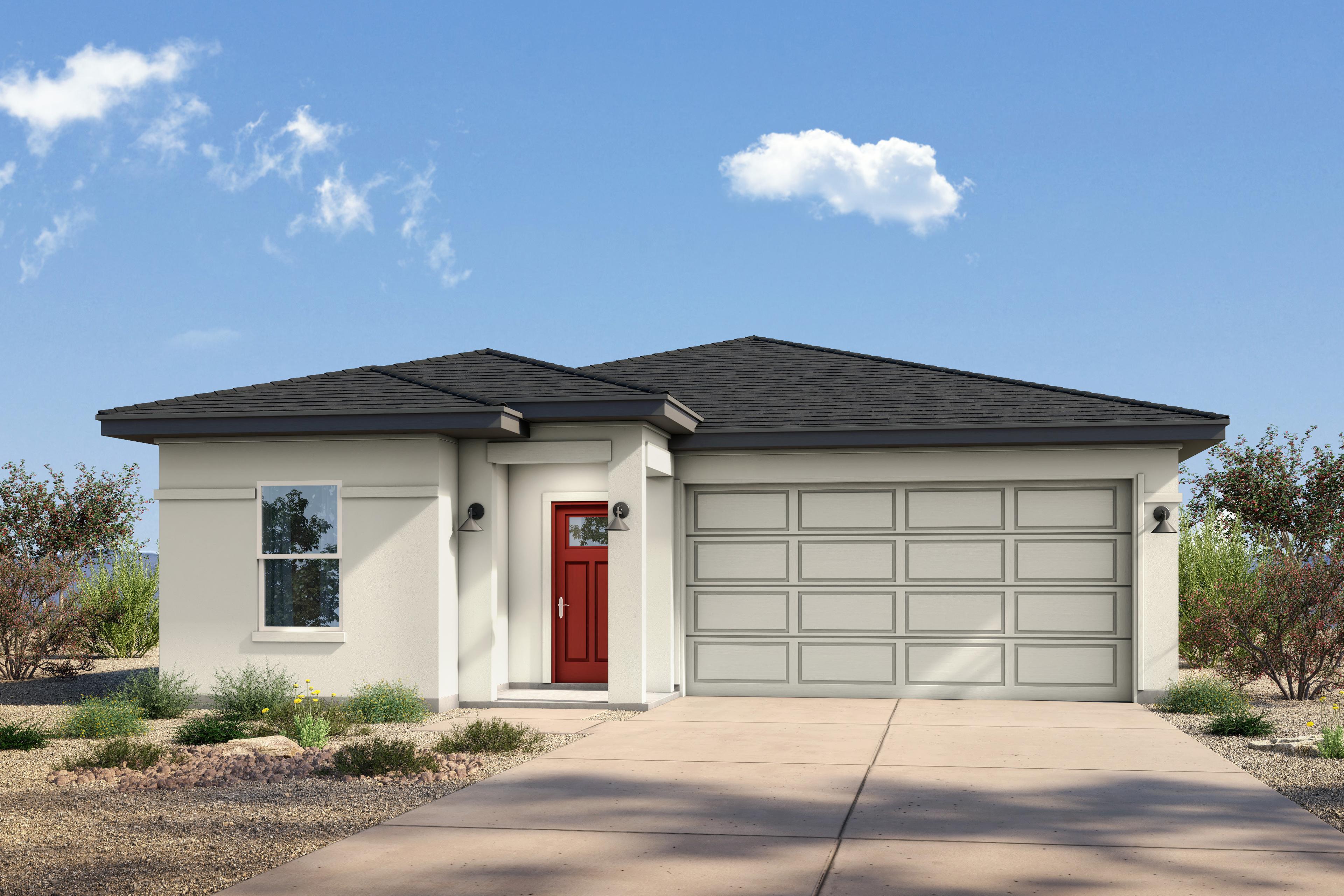 Modern single-story Evergreen A elevation by Davidson Homes in Cottonwood AZ: white stucco, red door, beige 3-car garage, desert yard