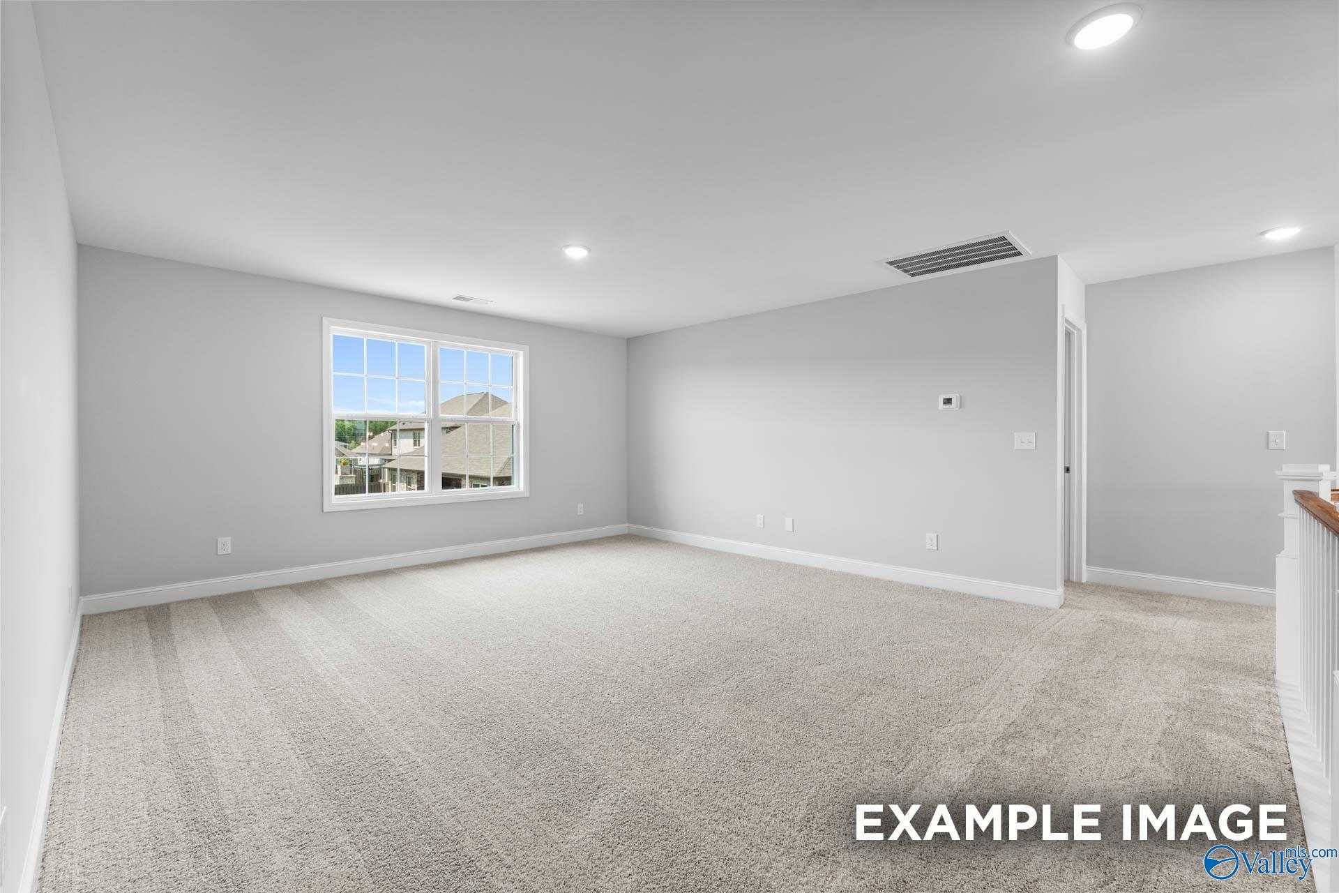 Empty living room with large window overlooking neighborhood, light gray walls, beige carpet in Davidson Homes Madison A, Harvest, AL