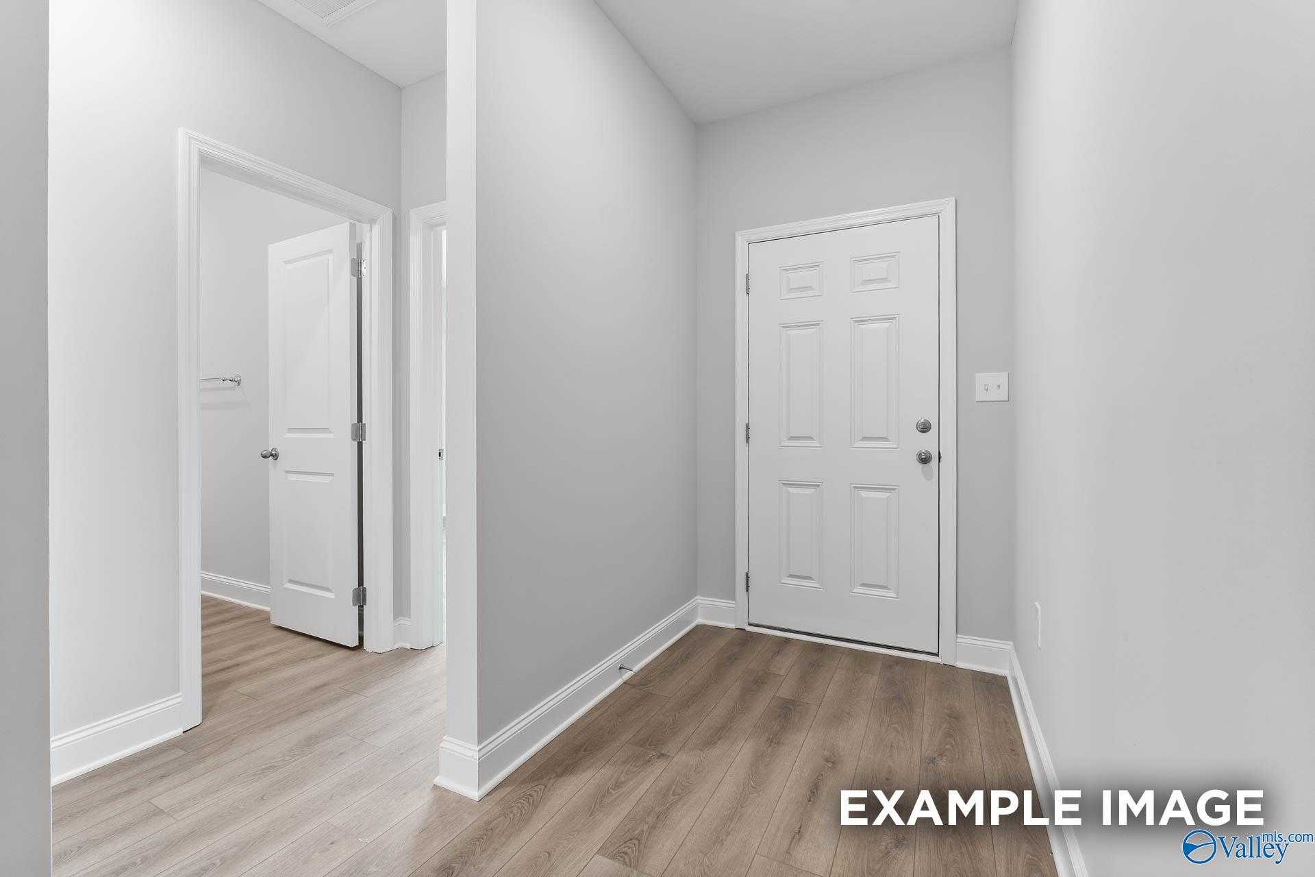 Bright hallway with white paneled doors, light gray walls, and hardwood floors in Davidson Homes The Asheville, Owens Cross Roads, Alabama
