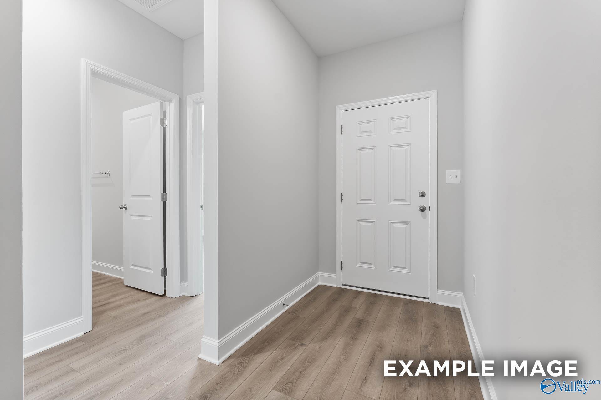 Bright hallway featuring light gray walls, white paneled doors, and hardwood floors in Davidson Homes The Asheville, Huntsville, Alabama