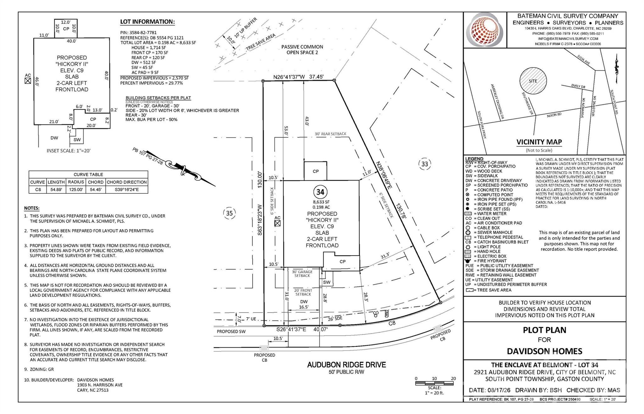 Plot plan for Davidson Homes' The Hickory C II, Lot 34, Enclave at Belmont, Belmont NC, showing lot dimensions and setbacks