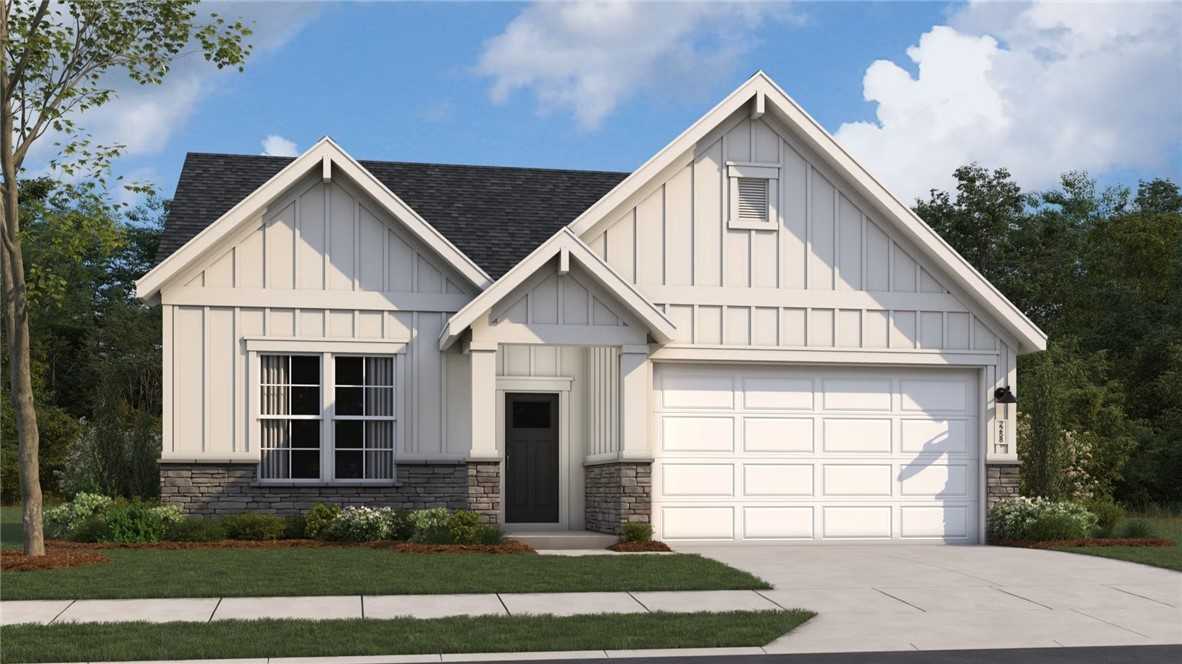 White board-and-batten single-story home with one-car garage, front porch and landscaped yard in Silver Oak, Cusseta, Alabama - Evermore Homes Orion