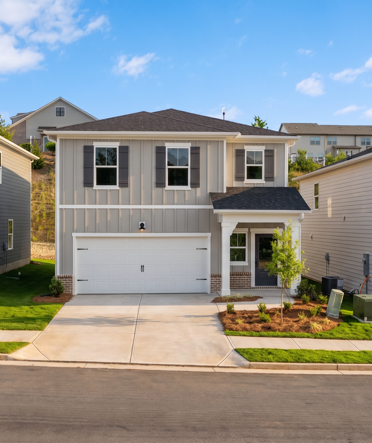 New construction homes by Davidson Homes at The Bluffs in Canton, Georgia featuring modern siding and two-car garages.