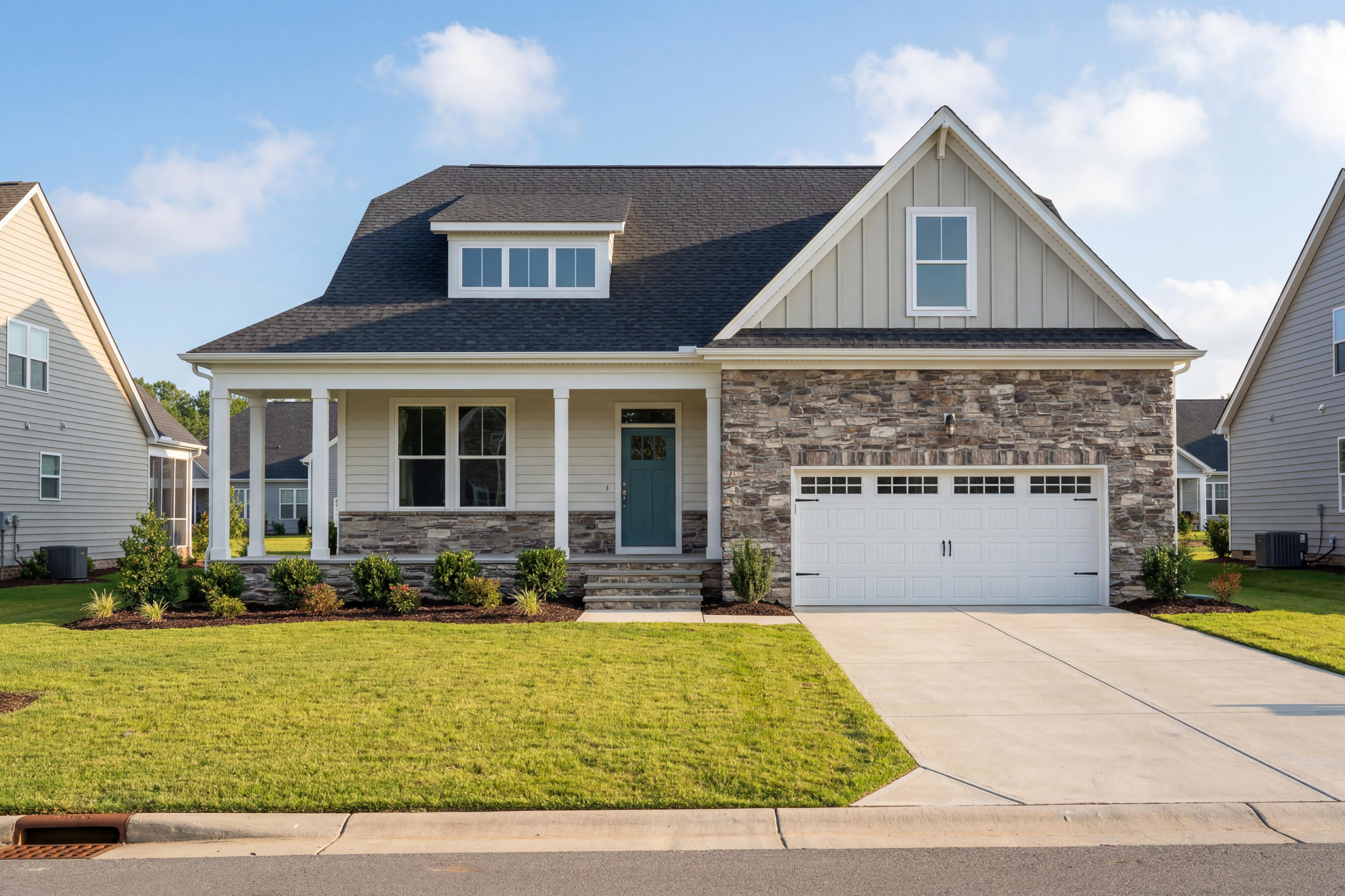 The Cypress B II two-story home with stone and vinyl exterior, gabled roof, front porch, and two-car garage in Angier, NC