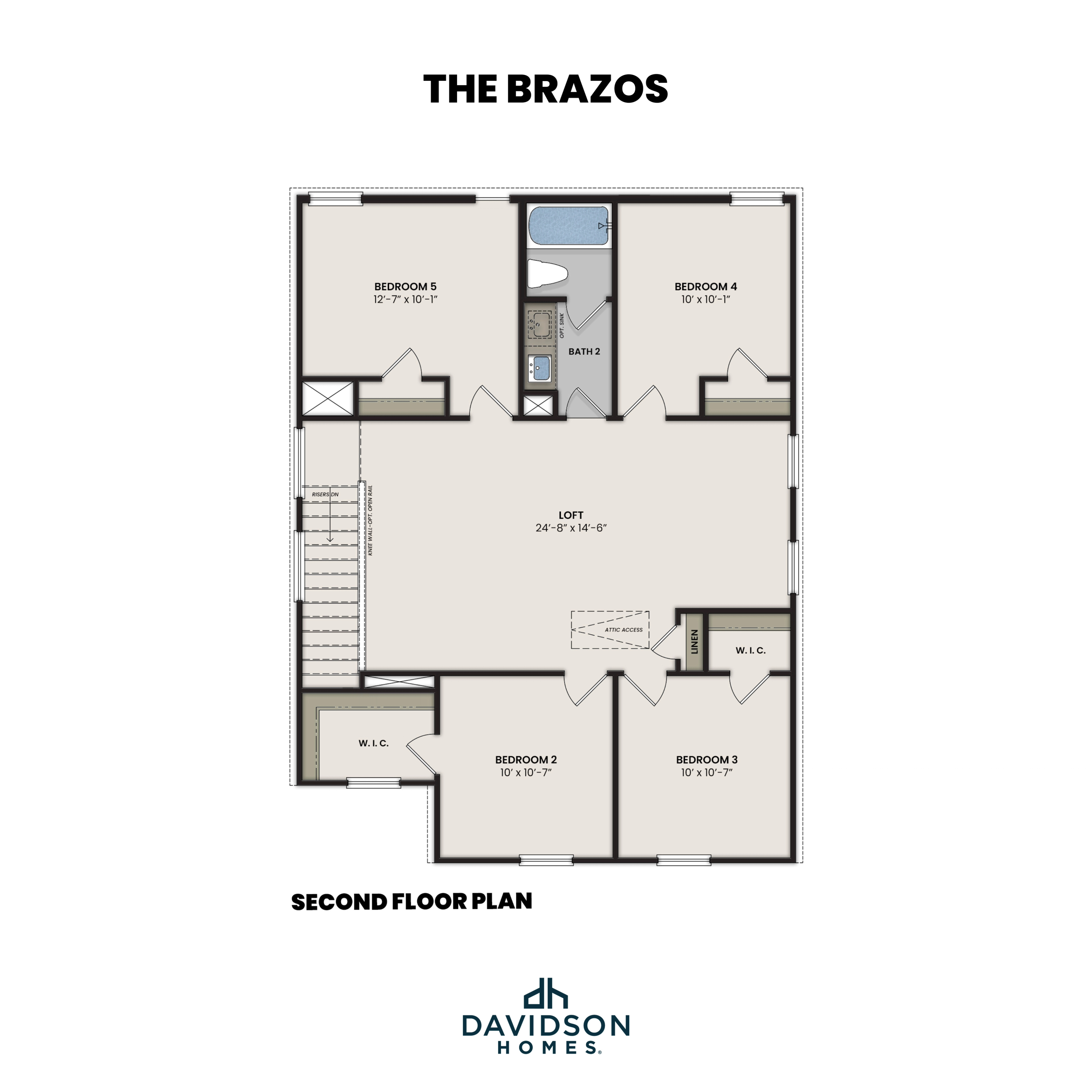 Second floor plan of The Brazos 5-bedroom home featuring loft, four upstairs bedrooms, full bath, and utility