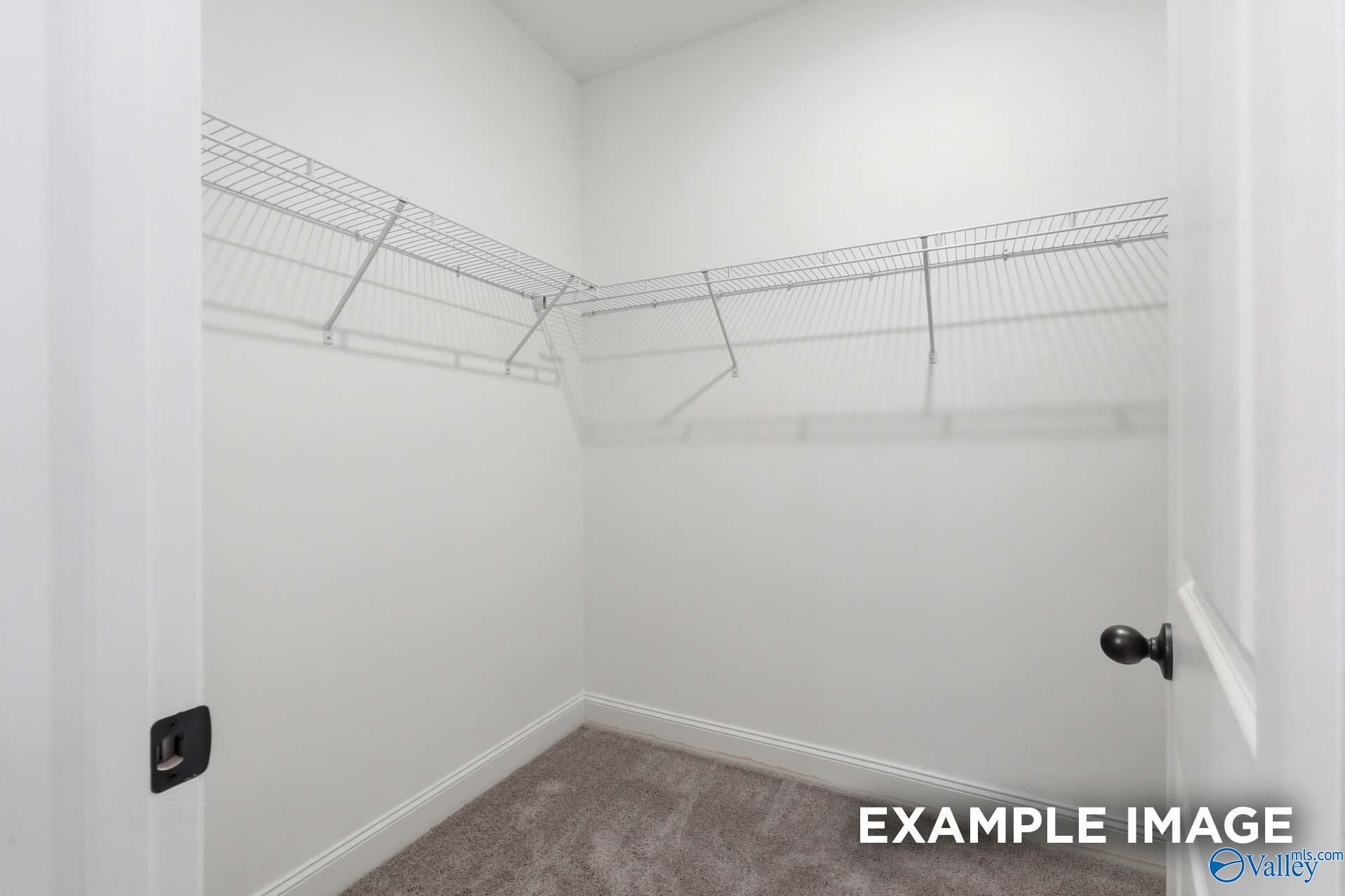 Walk-in closet with white wire shelving and carpeted floors in The Franklin C floor plan at The Highlands, Arab, Alabama.