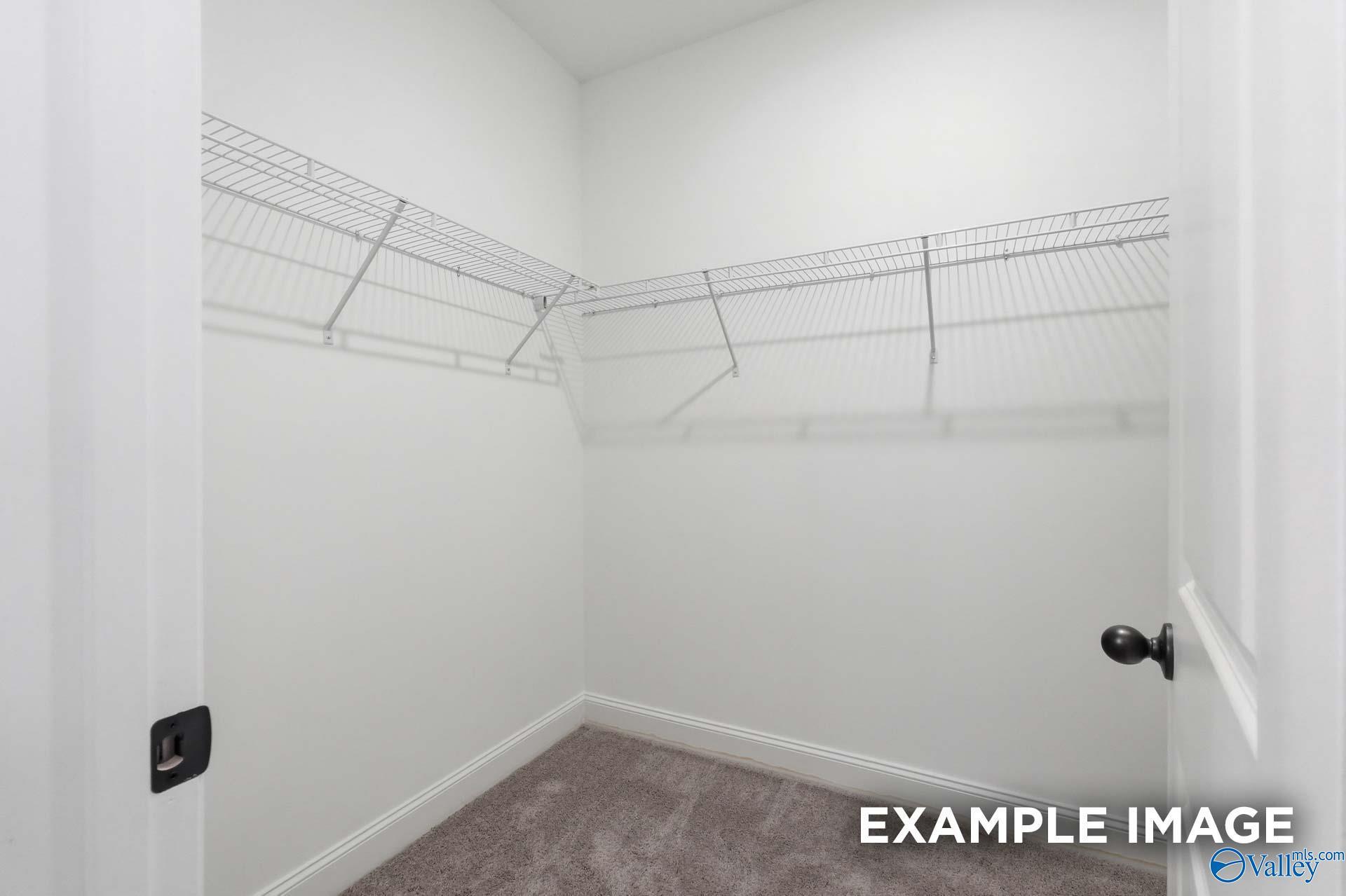 Walk-in closet with white wire shelving and carpeted floors in The Franklin C floor plan at The Highlands, Arab, Alabama.