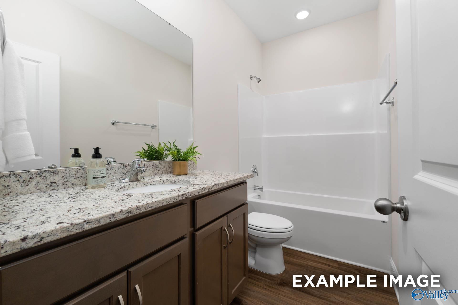 Modern bathroom with granite vanity, dark cabinets, and shower-tub combo in The Daphne D plan, Spragins Cove, Huntsville.