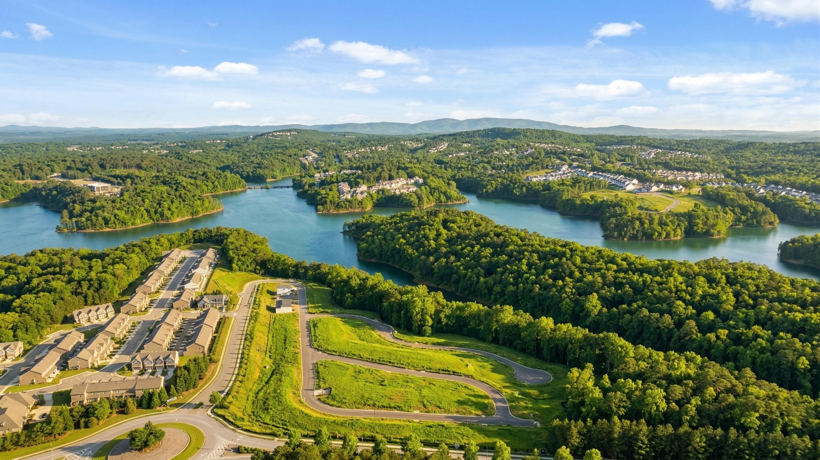 Aerial view of The Bluffs lakeside community in Canton, Georgia: Davidson Homes townhomes amid lush forests, winding paths, and serene waters