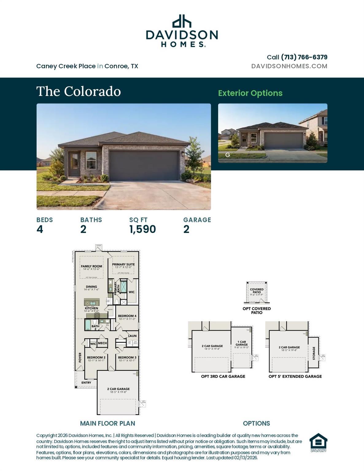 Modern 4-bedroom, 2-bath, 1,590 sq ft single-story home floor plan with 2-car garage options by Davidson Homes in Beasley, Texas