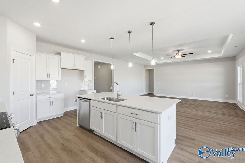 Modern white kitchen island with sink and dishwasher, open to living area with hardwood floors in Davidson Homes The Harrison, Hartselle AL