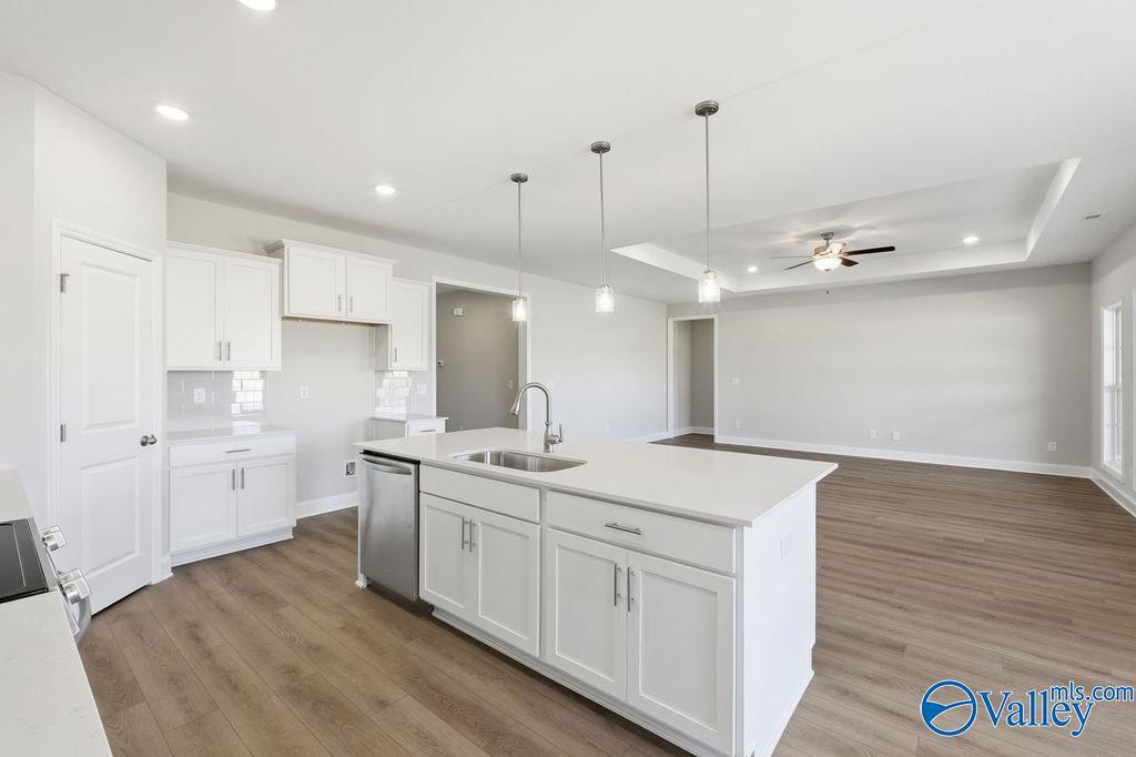 Modern open-concept kitchen with white cabinets and large island in The Harrison floor plan, Cain Park, Hartselle, AL.
