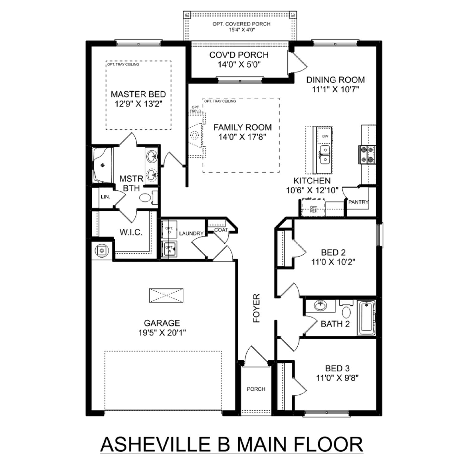 Floor plan of The Asheville 3-bedroom home design featuring master suite, open family room, kitchen, and 2-car garage