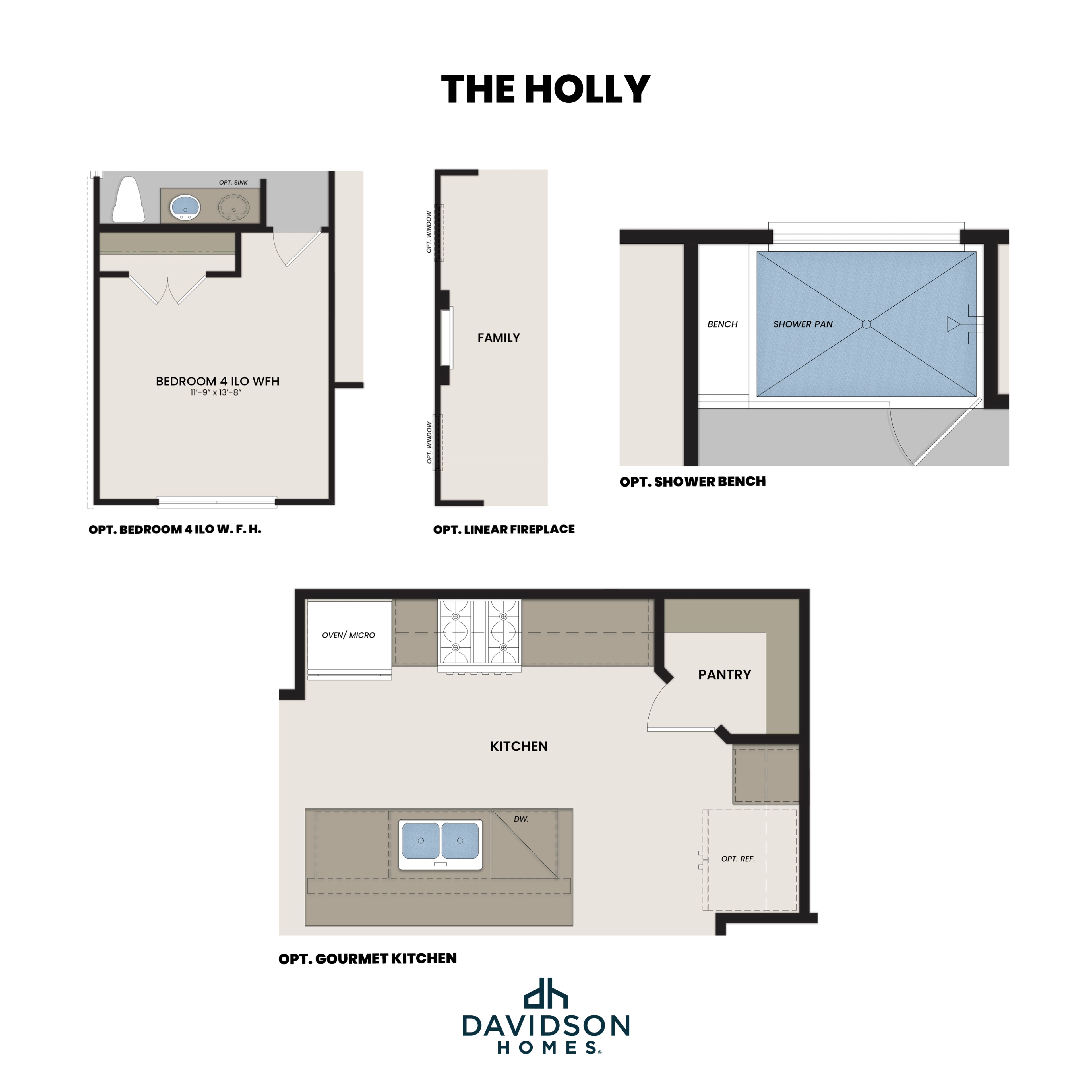 The Holly floor plan by Davidson Homes: optional bedroom 4, family room with linear fireplace and bench, gourmet kitchen island