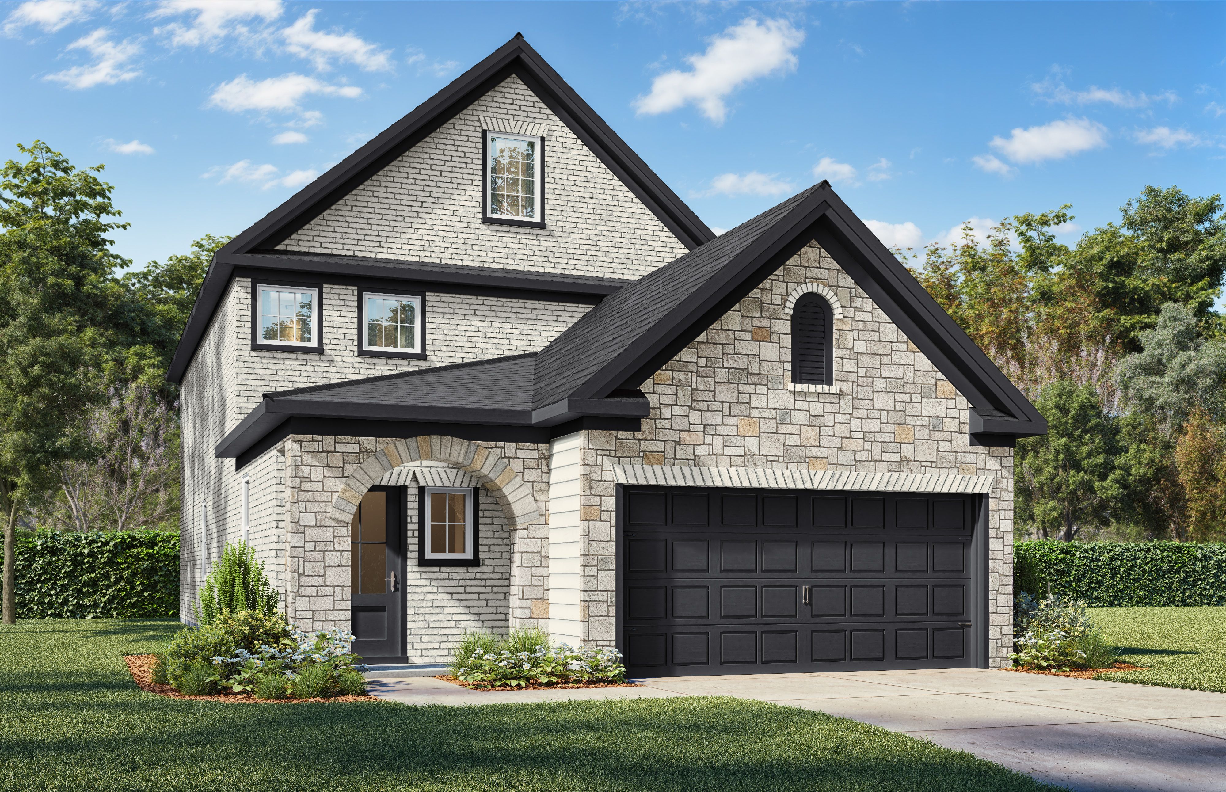 Two-story stone and brick exterior of The San Marcos J by Davidson Homes with a two-car garage in San Antonio, Texas.