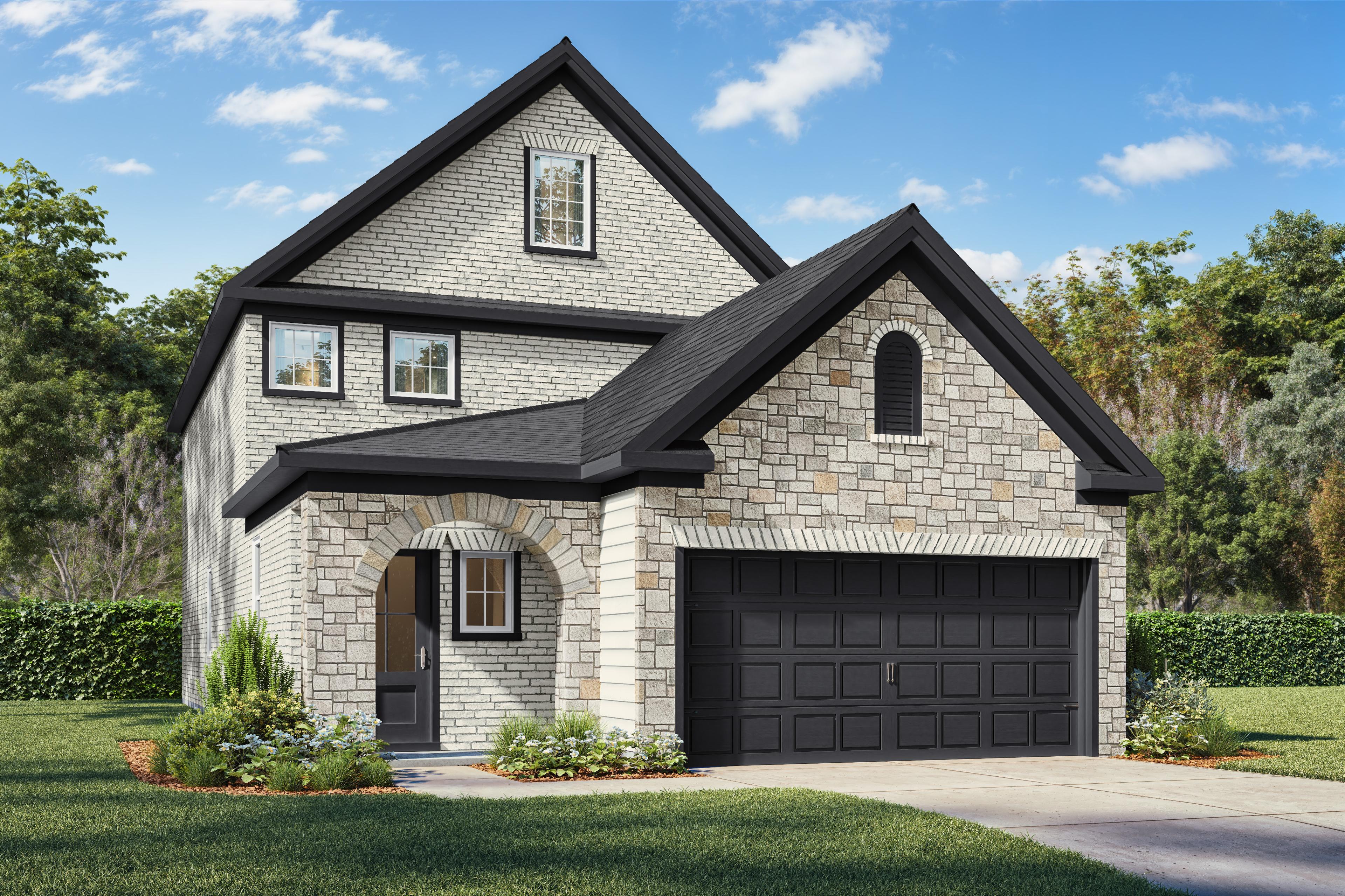 Two-story stone and brick exterior of The San Marcos J by Davidson Homes with a two-car garage in San Antonio, Texas.