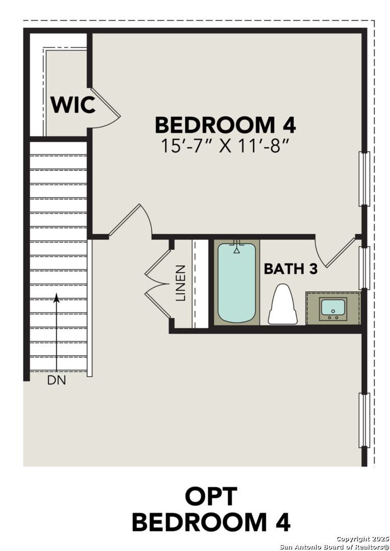 Upper level floor plan of optional Bedroom 4 with walk-in closet and Bath 3 in Davidson Homes The Douglas E, Royal Crest, San Antonio