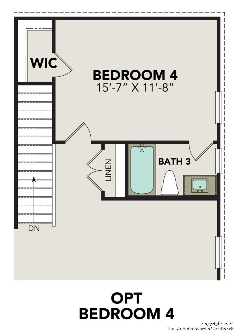 Upper level floor plan of optional Bedroom 4 with walk-in closet and Bath 3 in Davidson Homes The Douglas E, Royal Crest, San Antonio