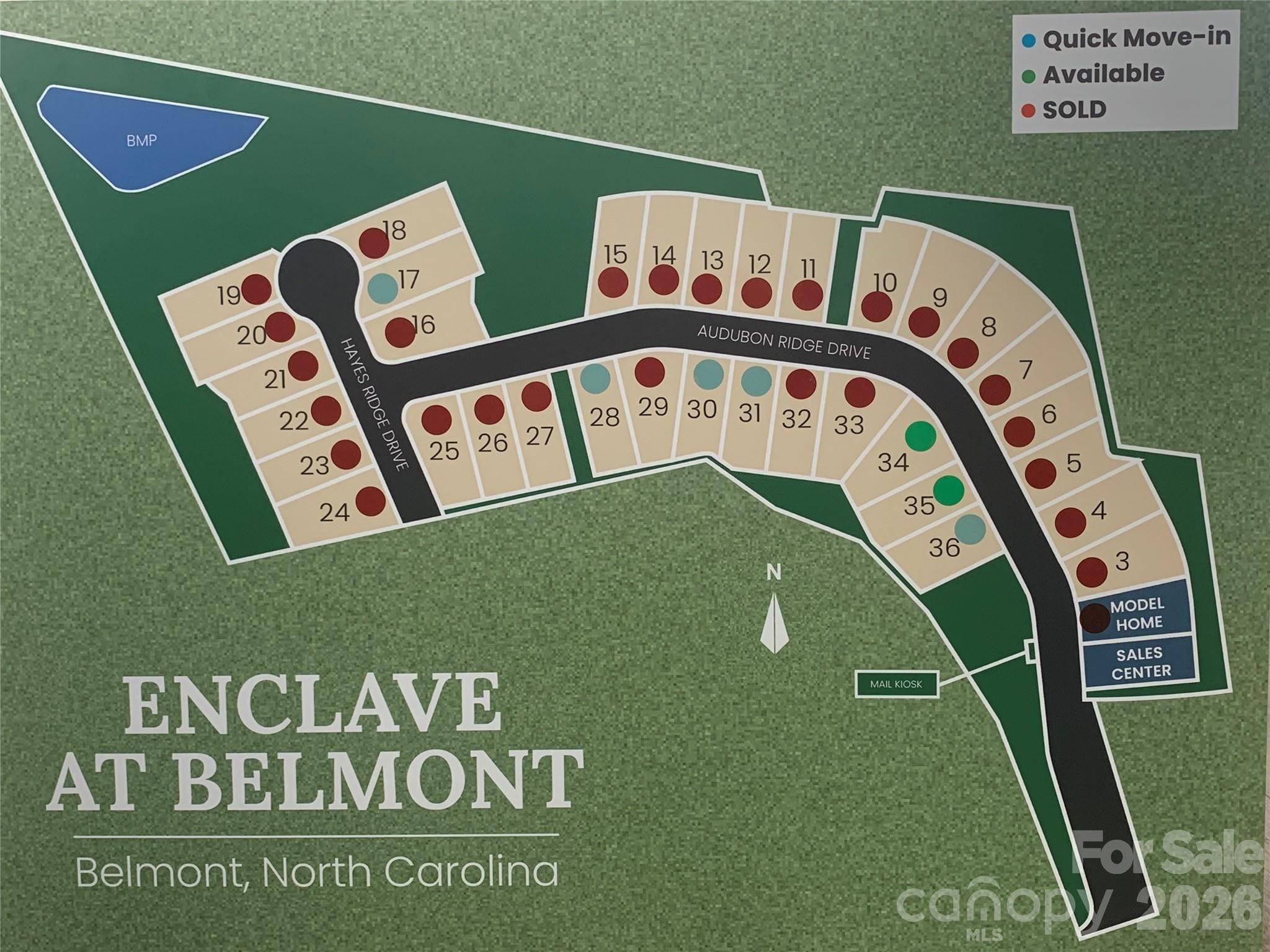 Community site map for Enclave at Belmont in Belmont, North Carolina showing available and sold lots for Davidson Homes.