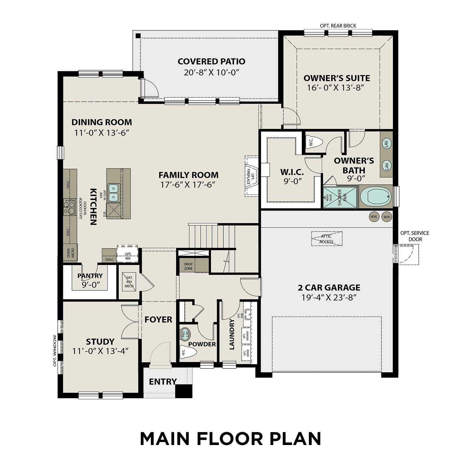 Main floor plan of The Philip B 4-bedroom home by Davidson Homes in Rosharon, Texas, with open kitchen, family room, owner's suite, and 2-car garage