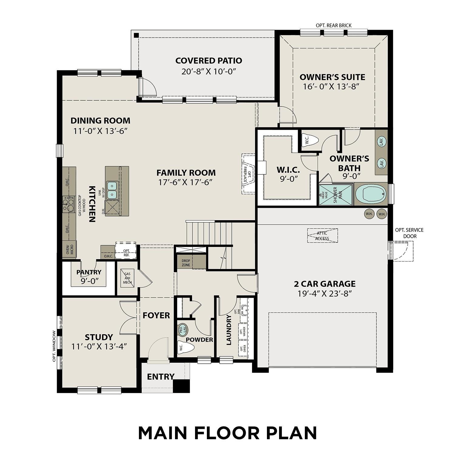 Main floor plan of The Philip B 4-bedroom home by Davidson Homes in Sierra Vista, Rosharon, Texas with open kitchen, family room, owner's suite
