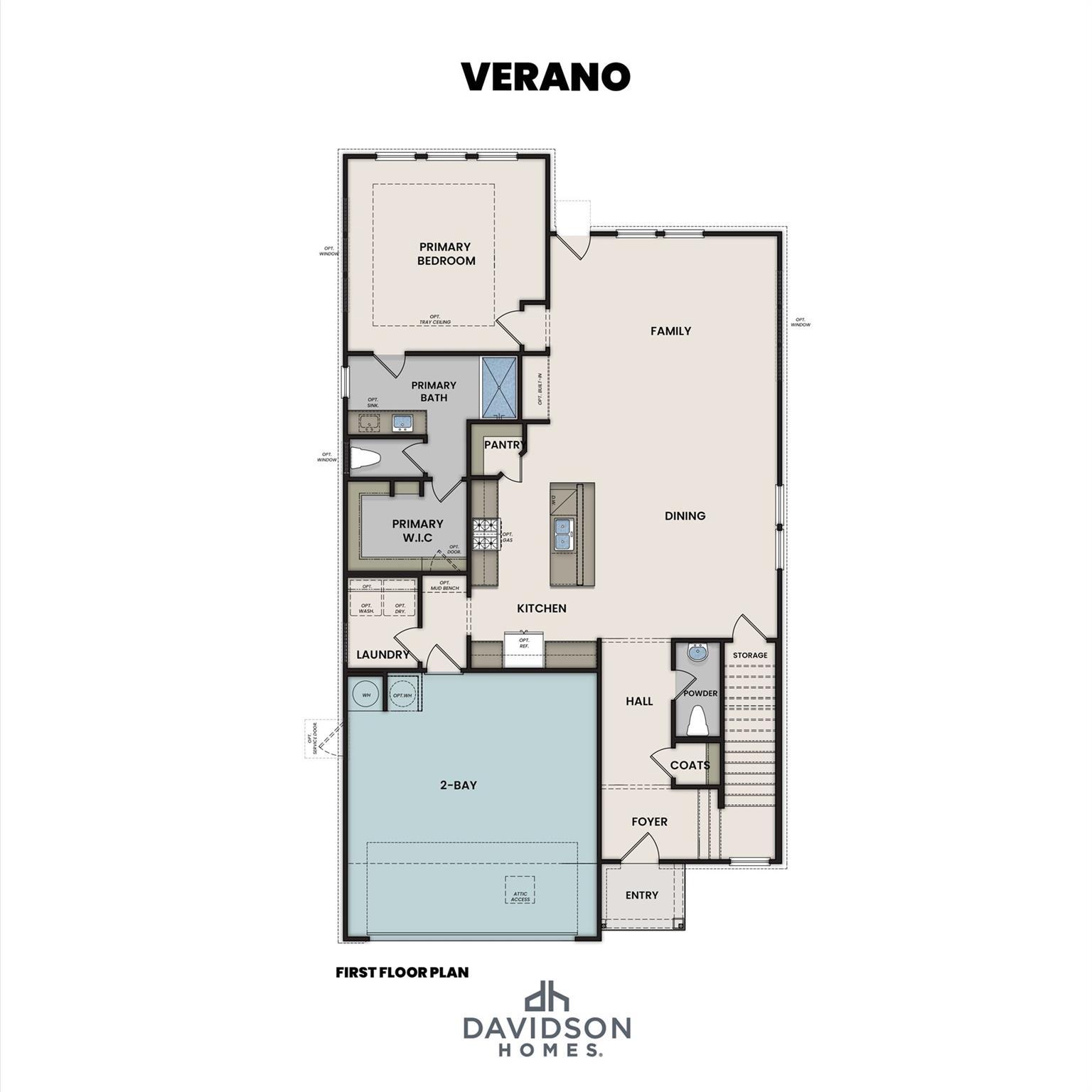 First floor plan of Davidson Homes Verano B: open kitchen, dining, family room, primary suite, 2-car garage in Sunterra, Katy, Texas