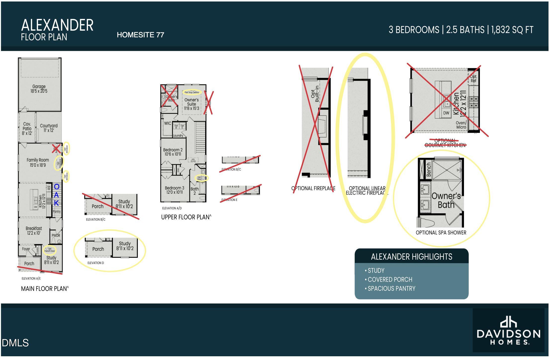 The Alexander D floor plan by Davidson Homes: 3-bedroom, 2.5-bath, 1832 sq ft 2-story layout with main/upper diagrams in Knightdale, NC