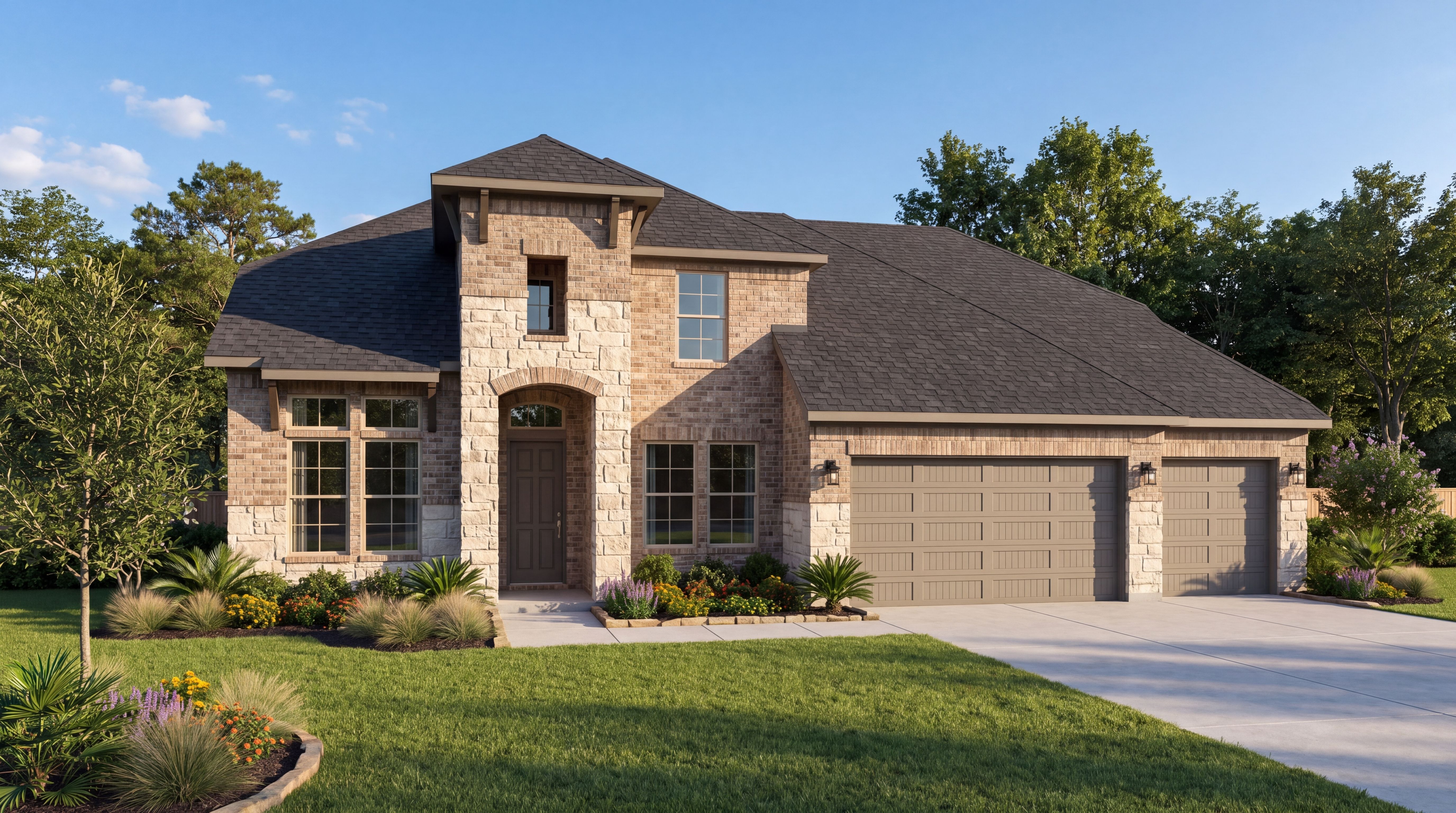 Two-story brick and stone exterior of The Victoria by Davidson Homes with 4-car garage in Texas City, TX