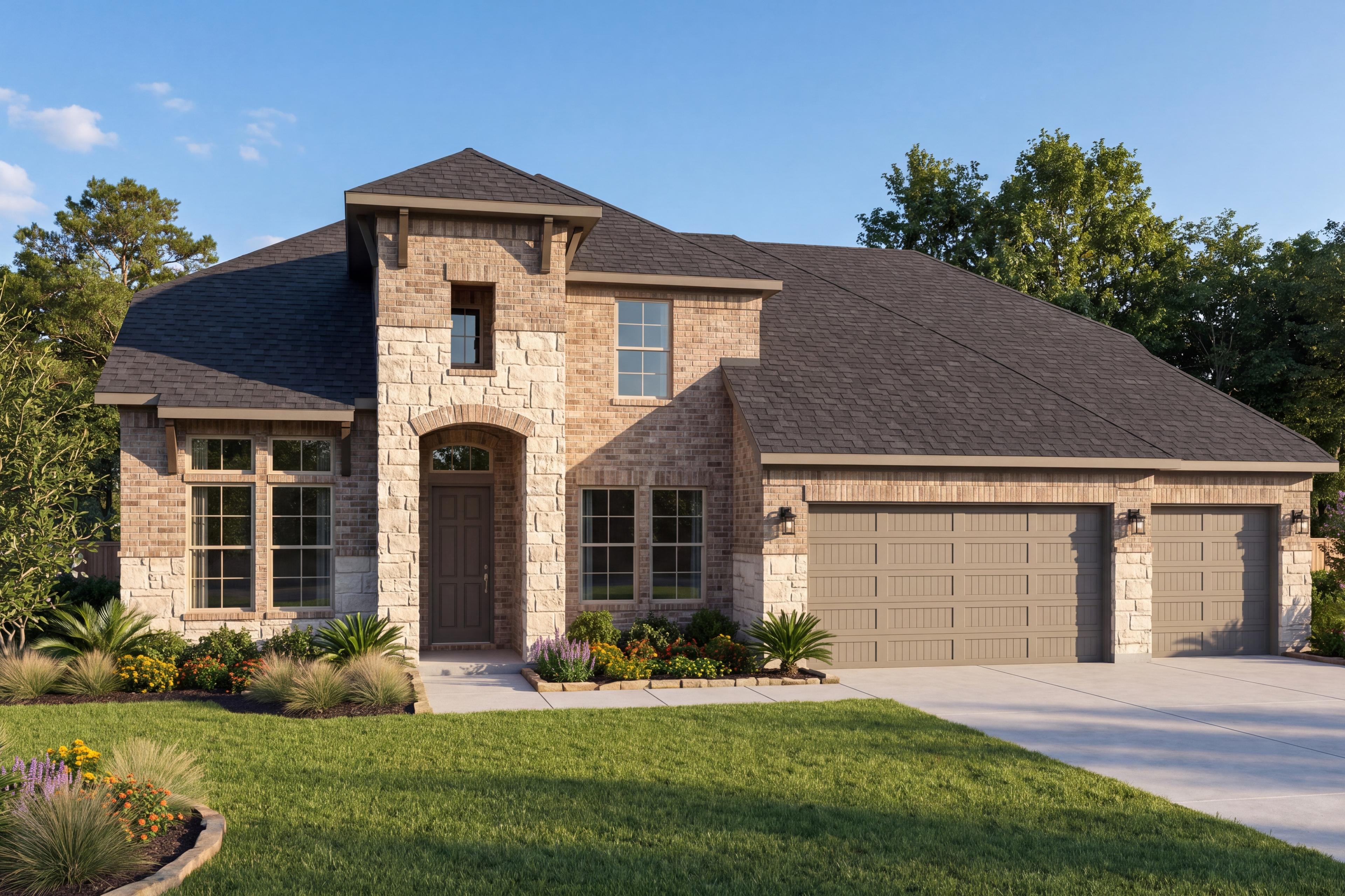 Two-story brick and stone exterior of The Victoria by Davidson Homes with 4-car garage in Texas City, TX
