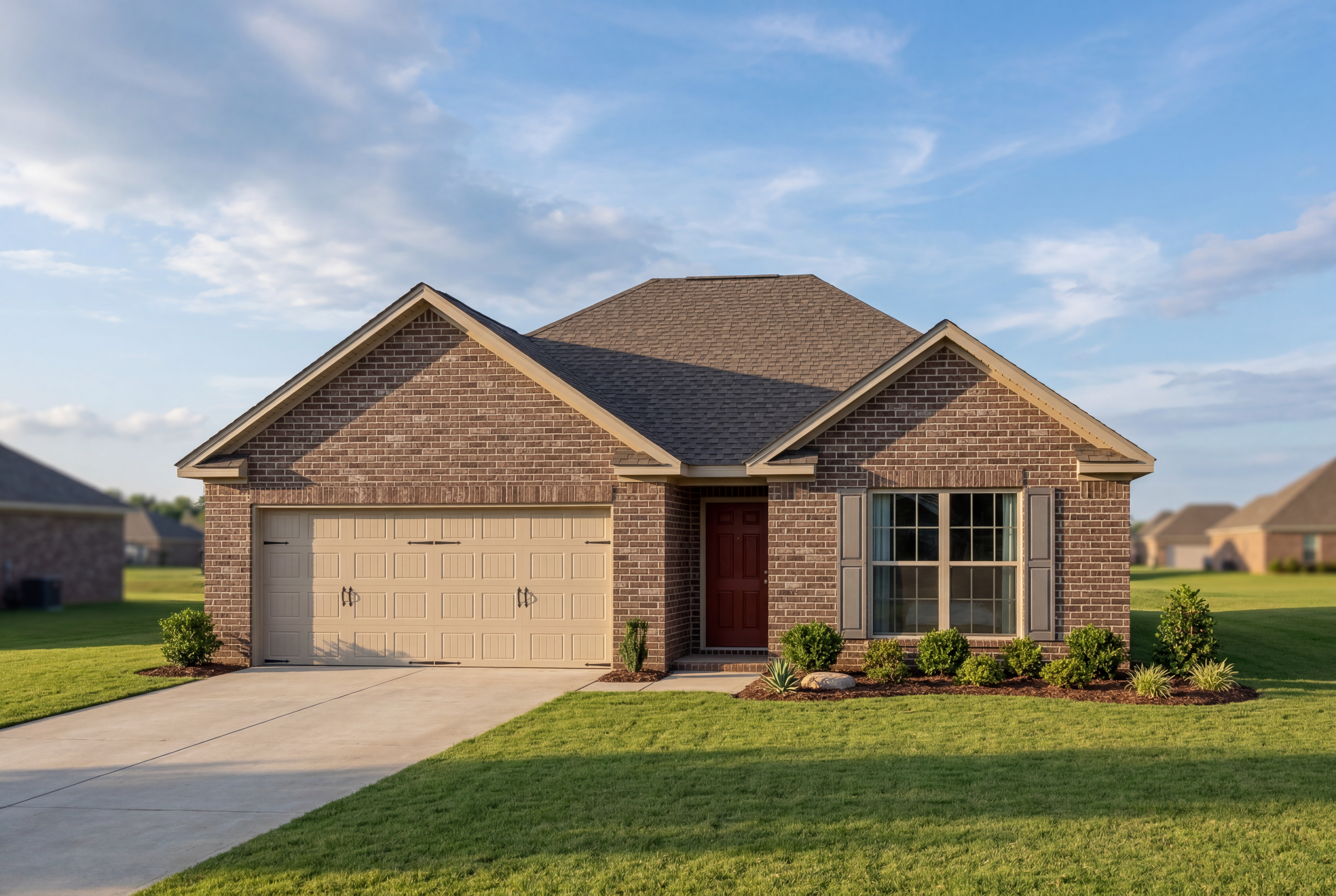 Brick exterior elevation of The Asheville one-story home by Davidson Homes, featuring 2-car garage and lush landscaping in Cullman, AL