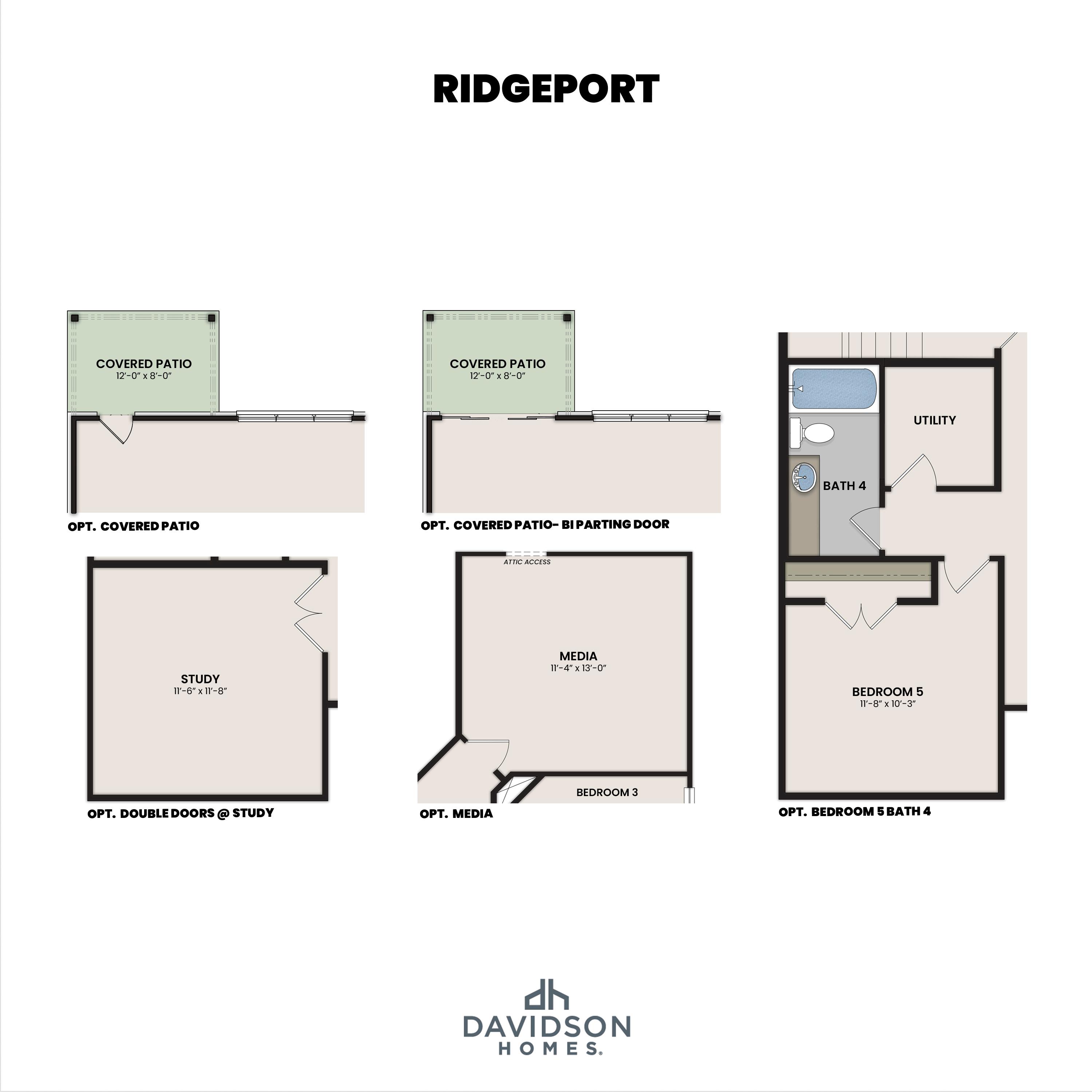 Optional layout options for The Ridgeport by Davidson Homes showing covered patio, study, media room, and bedroom 5 with bath 4