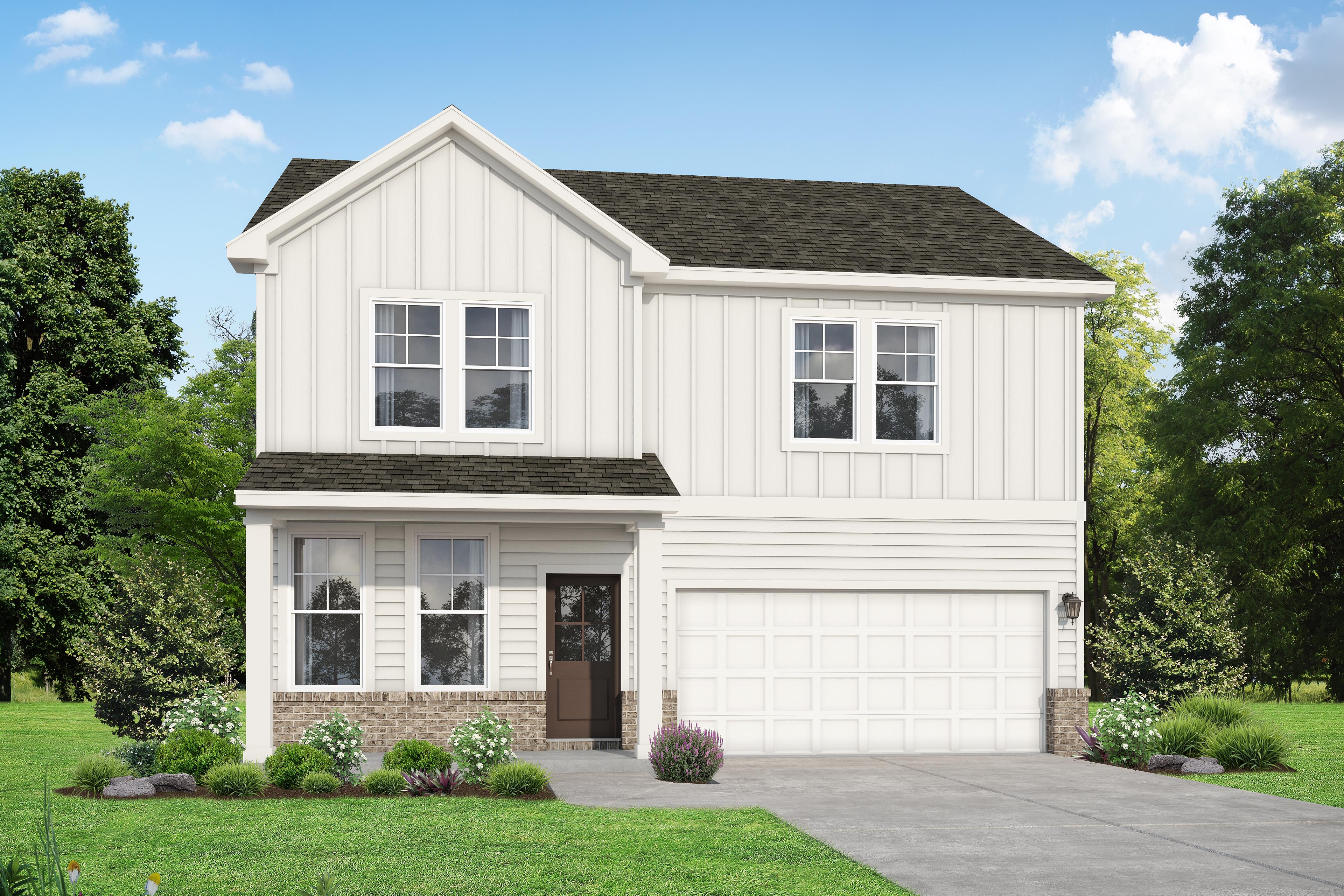 Two-story The Logan C home elevation with white board-and-batten siding, dark shingle roof, covered porch, two-car garage, and lush landscaping in White House, TN