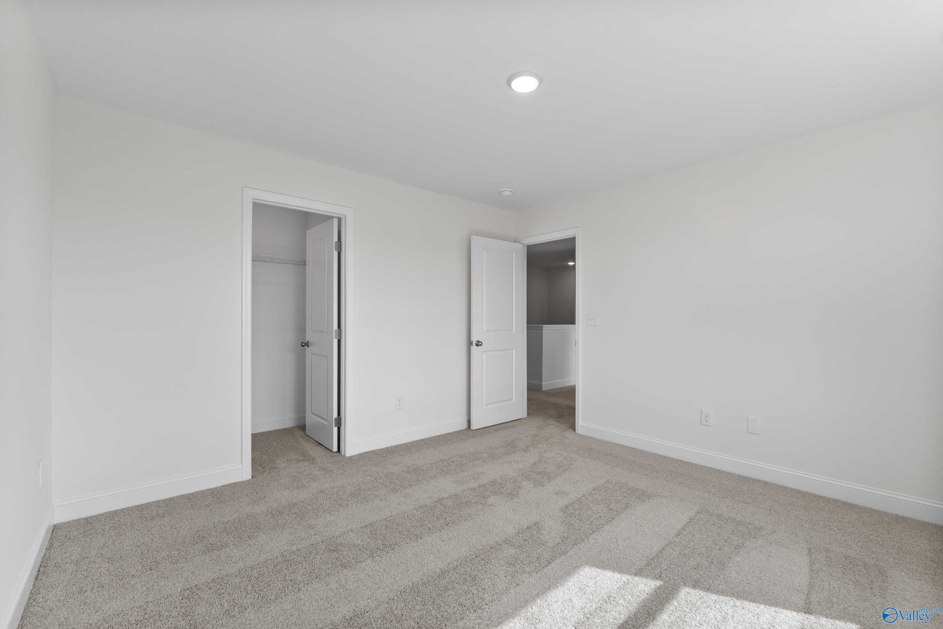 Bright empty bedroom with white walls, beige carpet, open closet, and adjacent bath door in Davidson Homes The Shelby A, New Market, Alabama